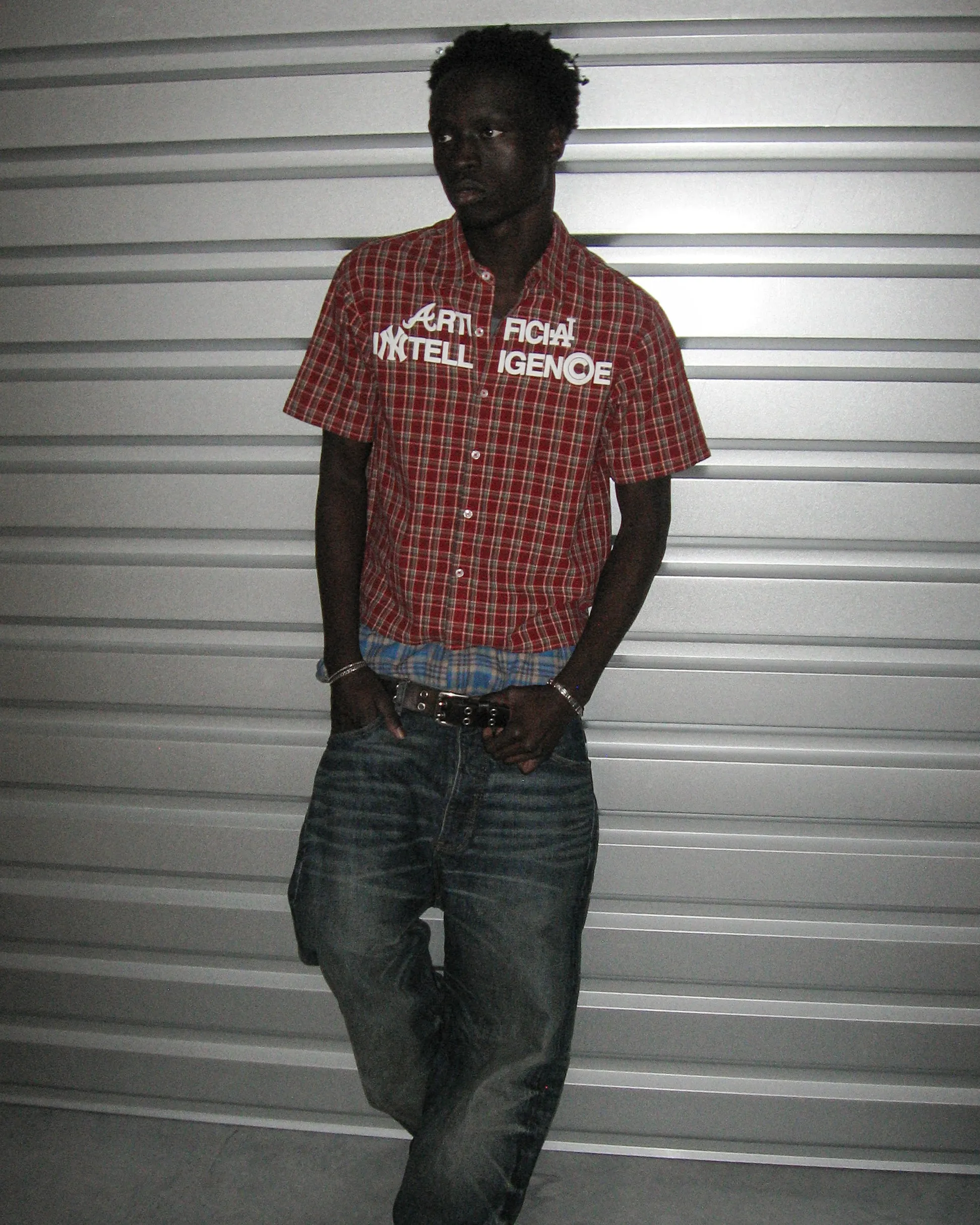 "ARTIFICIAL INTELLIGENCE" RED PLAID BUTTON-UP SHIRT sold by Artificial Fever product image thumbnail 5