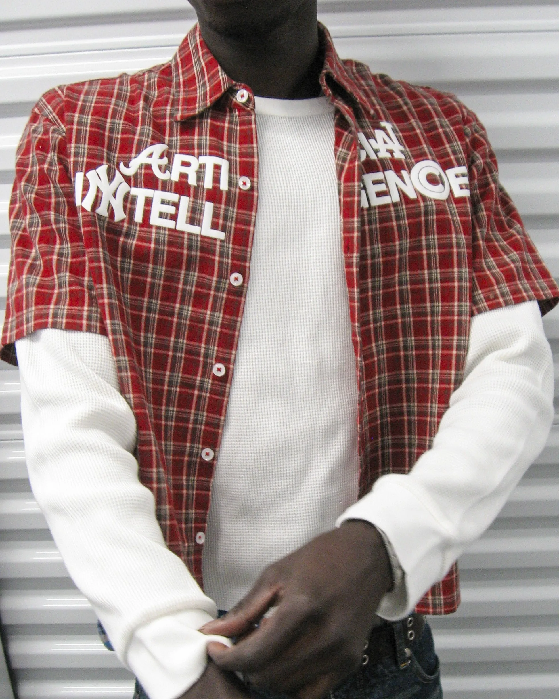 "ARTIFICIAL INTELLIGENCE" RED PLAID BUTTON-UP SHIRT sold by Artificial Fever product image thumbnail 3