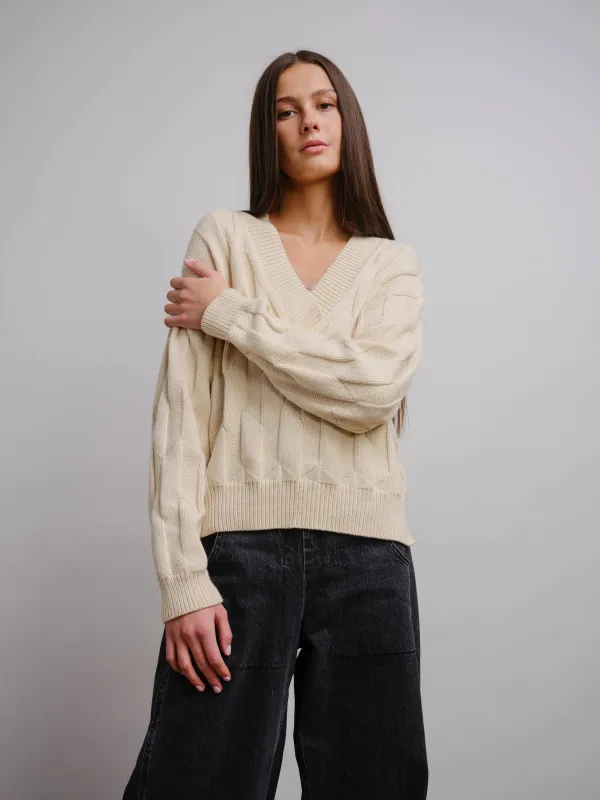 Lilly Chevron V-Neck Sweater - Plaster made by The Endery