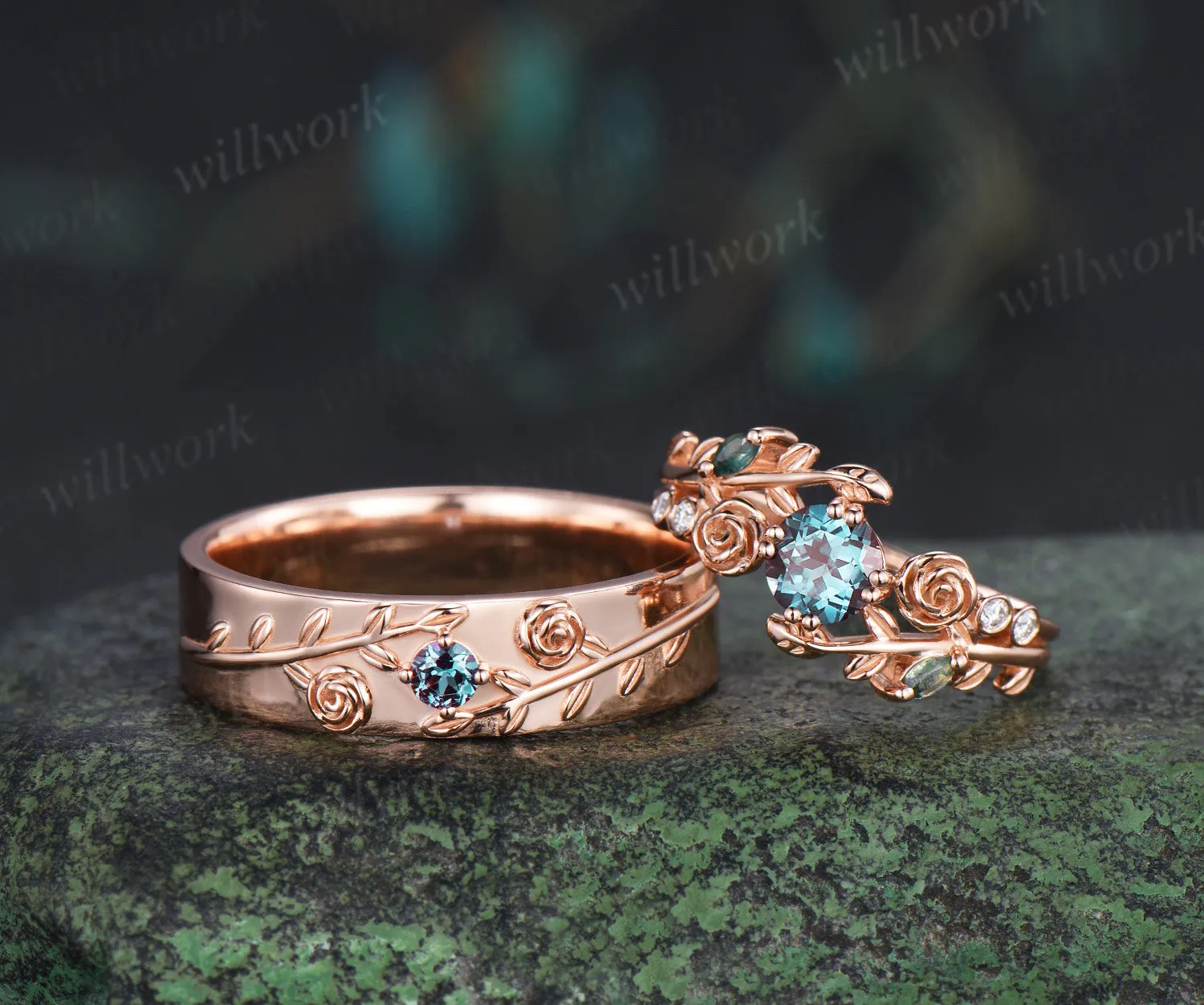 Round Cut Alexandrite Floral Leaf Engagement Ring & Round Alexandrite Leaf Floral Men Wedding Ring Nature Inspired Couple Set sold by Willwork Jewelry product image thumbnail 4