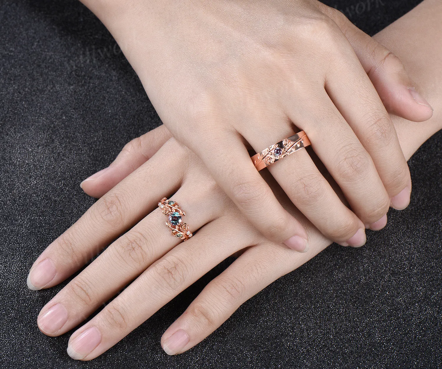 Round Cut Alexandrite Floral Leaf Engagement Ring & Round Alexandrite Leaf Floral Men Wedding Ring Nature Inspired Couple Set sold by Willwork Jewelry product image thumbnail 2