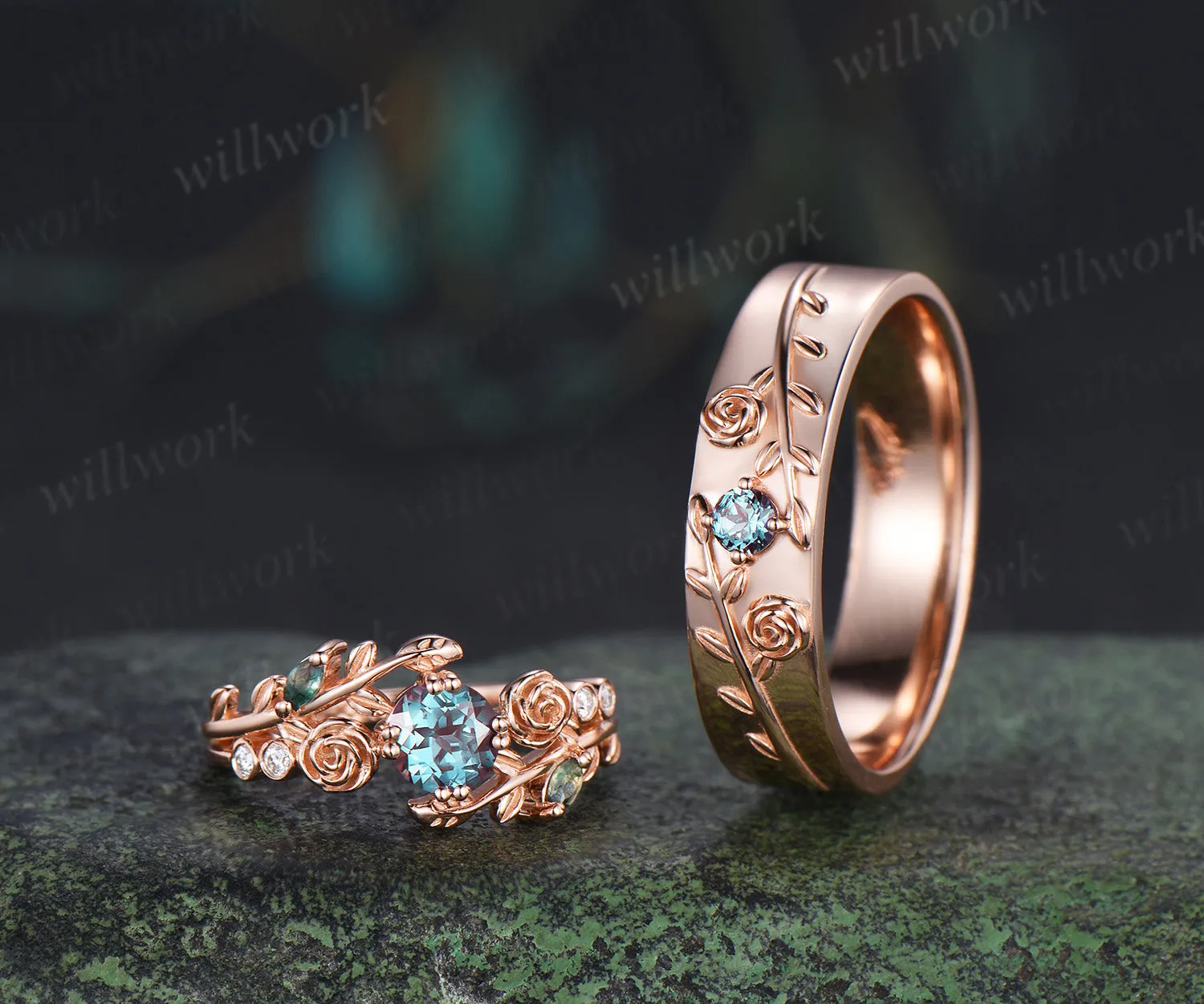 Round Cut Alexandrite Floral Leaf Engagement Ring & Round Alexandrite Leaf Floral Men Wedding Ring Nature Inspired Couple Set sold by Willwork Jewelry product image thumbnail 3