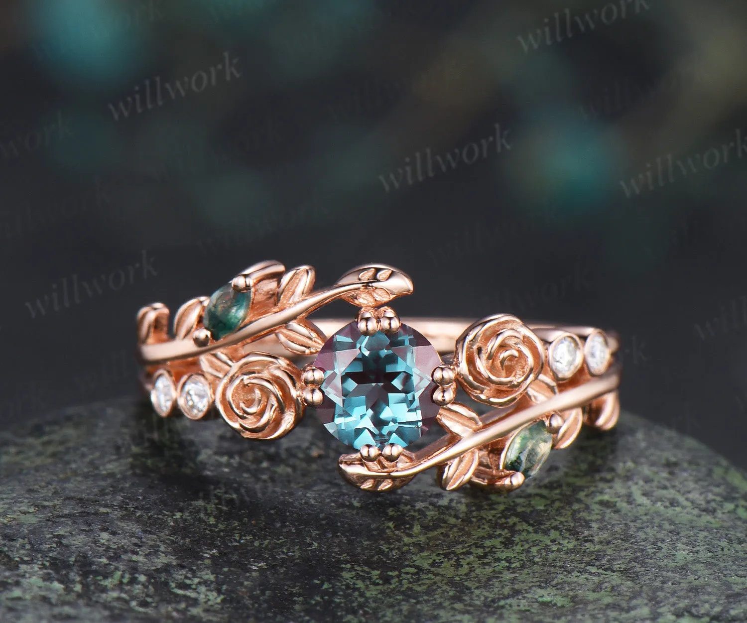 Round Cut Alexandrite Floral Leaf Engagement Ring & Round Alexandrite Leaf Floral Men Wedding Ring Nature Inspired Couple Set sold by Willwork Jewelry product image thumbnail 5