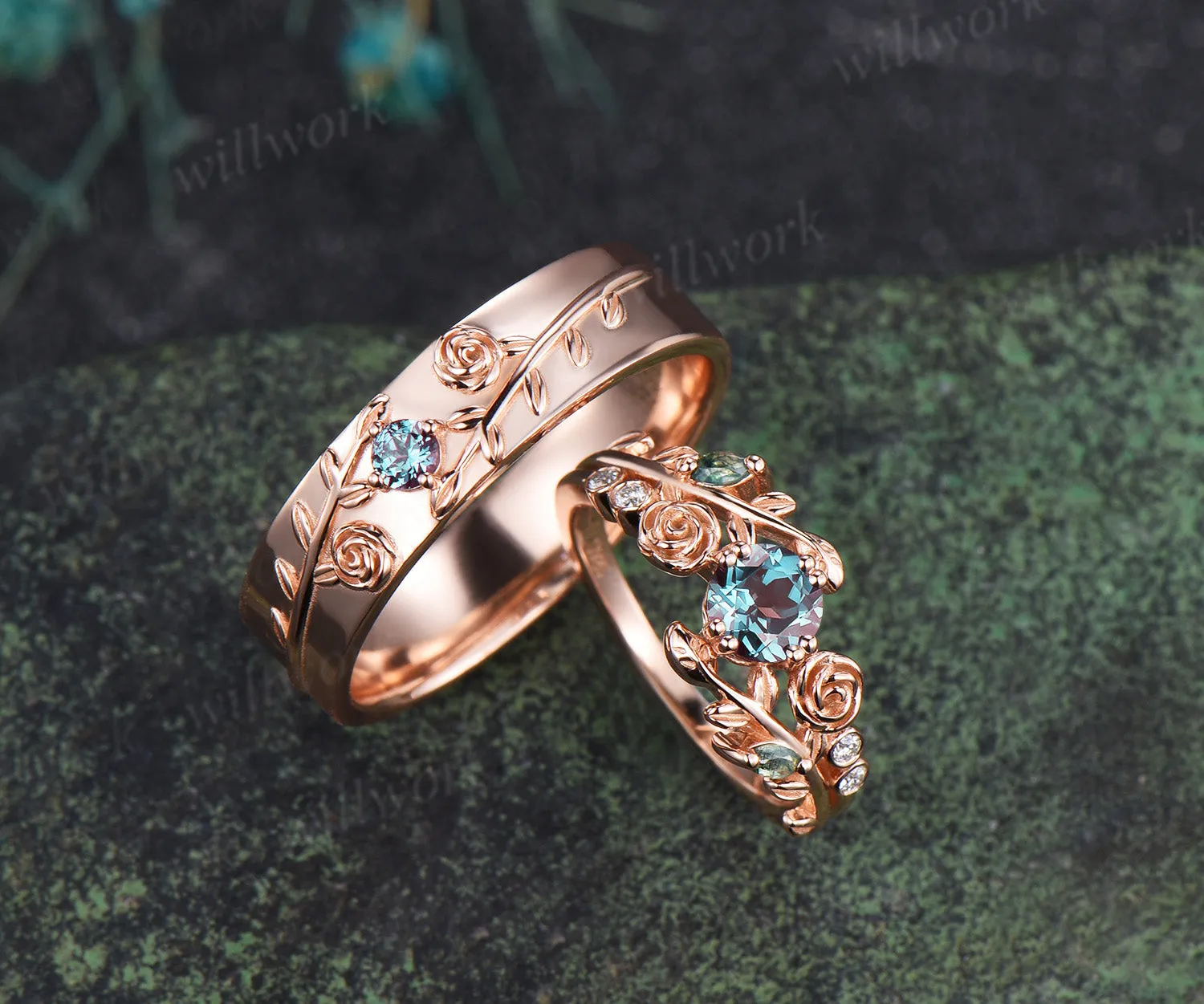Round Cut Alexandrite Floral Leaf Engagement Ring & Round Alexandrite Leaf Floral Men Wedding Ring Nature Inspired Couple Set sold by Willwork Jewelry