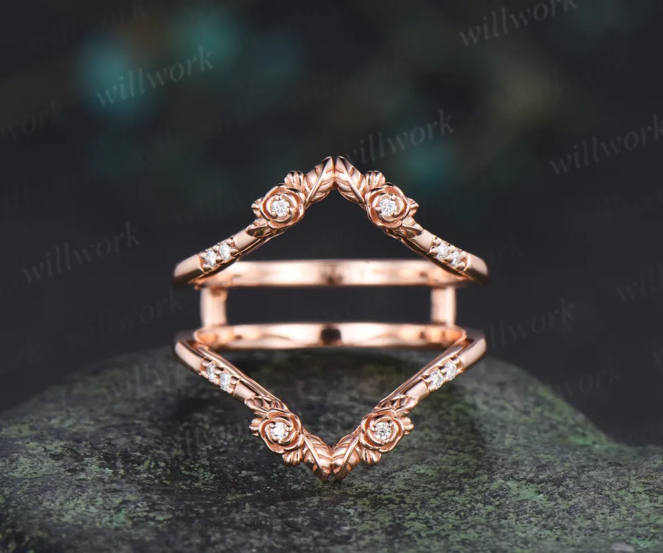 Dainty moissanite floral leaf wedding band double layered enhancer ring stacking ring sold by Willwork Jewelry