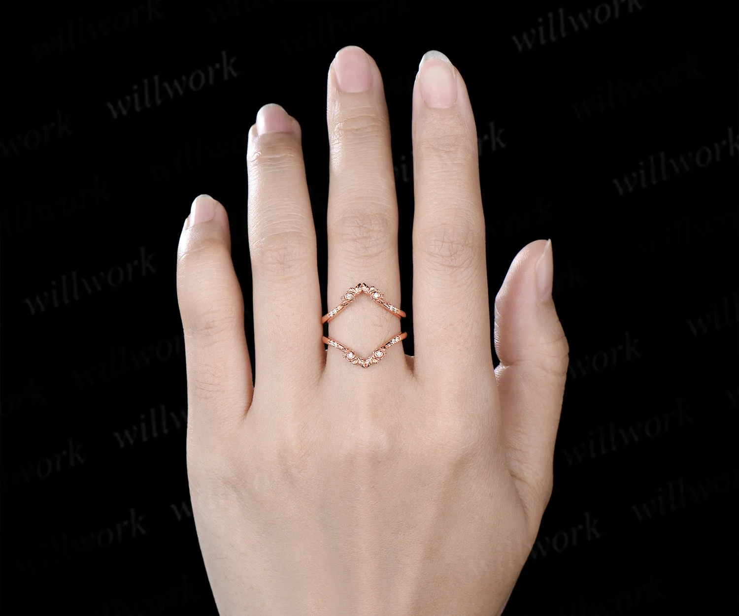 Dainty moissanite floral leaf wedding band double layered enhancer ring stacking ring sold by Willwork Jewelry product image thumbnail 2