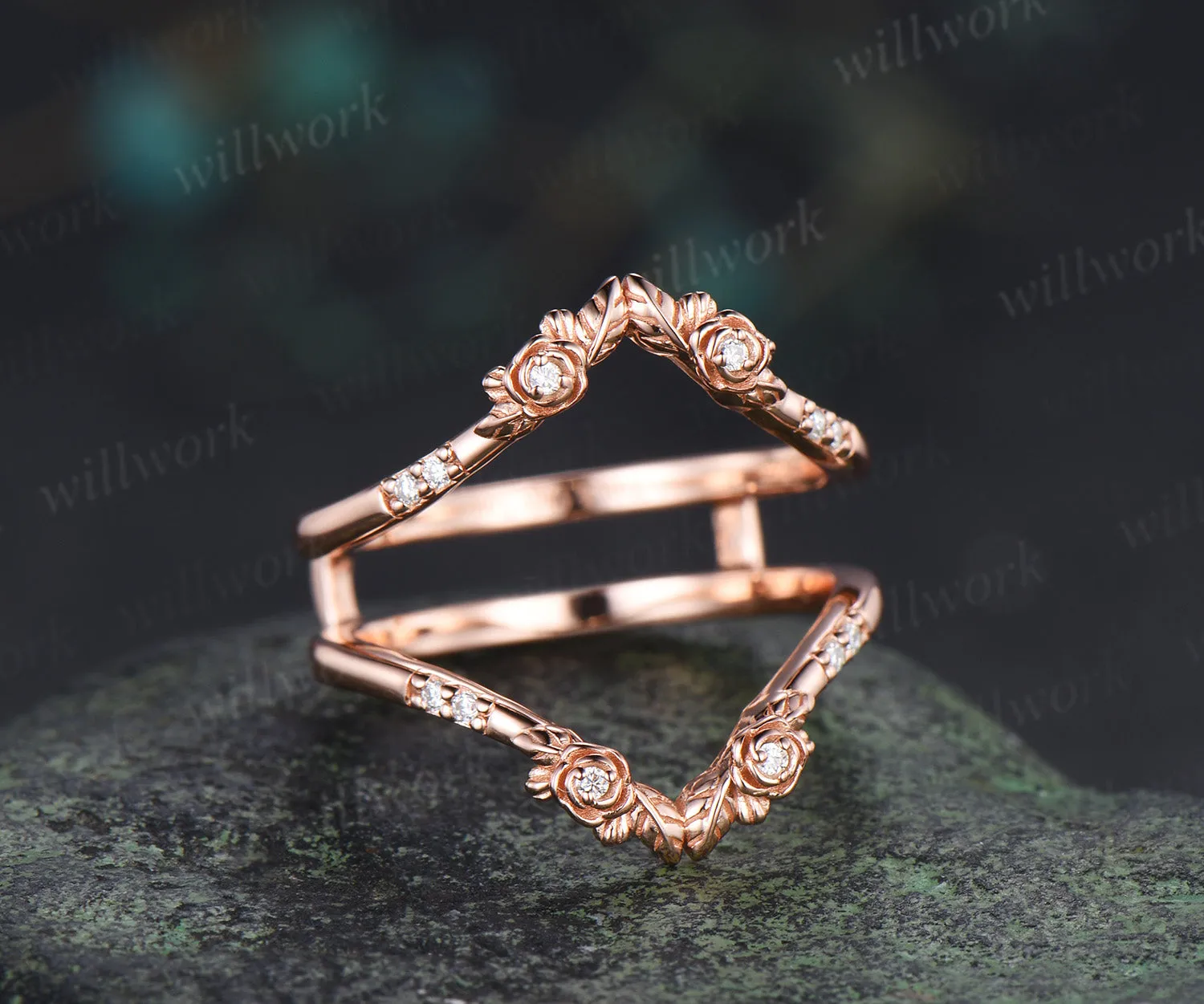 Dainty moissanite floral leaf wedding band double layered enhancer ring stacking ring sold by Willwork Jewelry product image thumbnail 4