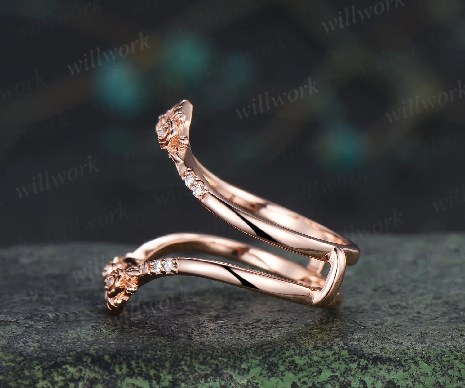 Dainty moissanite floral leaf wedding band double layered enhancer ring stacking ring sold by Willwork Jewelry product image thumbnail 3