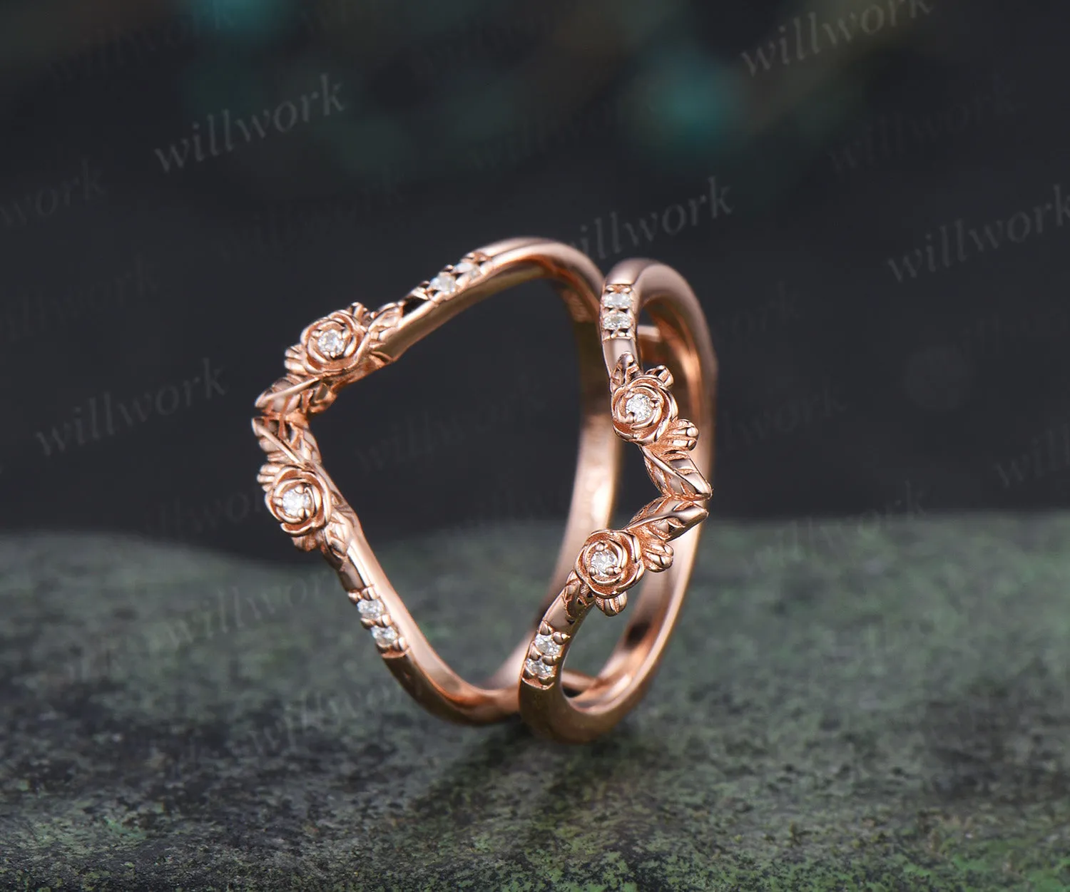 Dainty moissanite floral leaf wedding band double layered enhancer ring stacking ring sold by Willwork Jewelry product image thumbnail 5