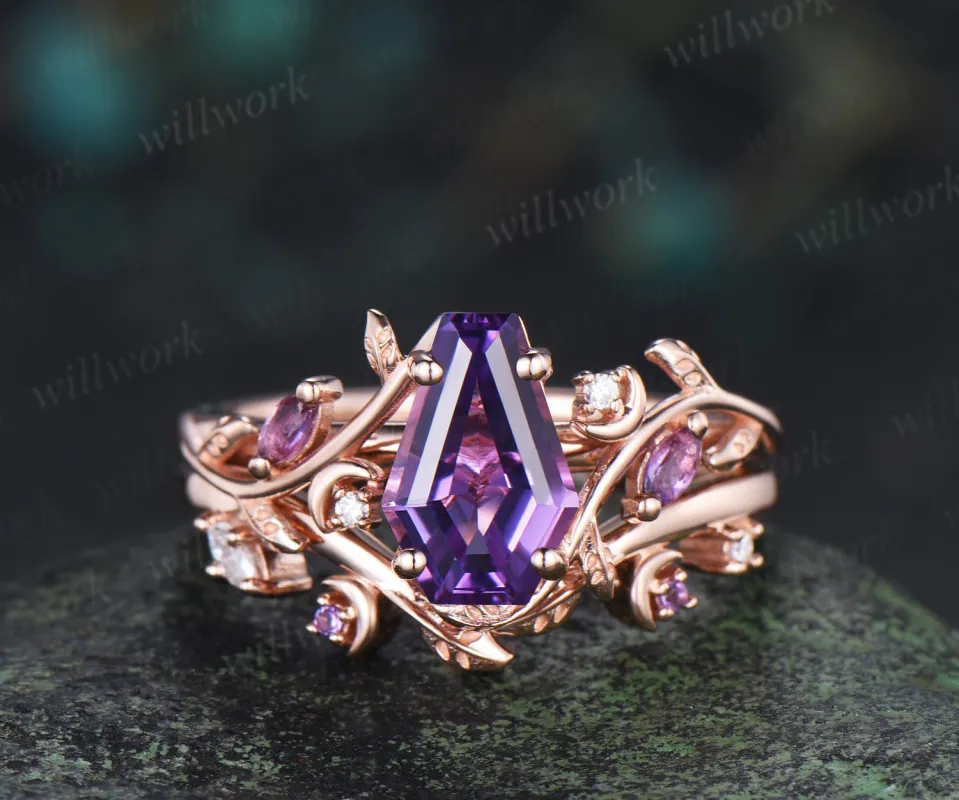 Coffin purple amethyst ring set marquise amethyst moissanite moon ring leaf band nature inspired bridal set sold by Willwork Jewelry
