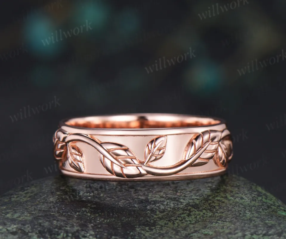 Leaf Twig Engraved Men Wedding Band 6mm Nature Inspired Promise Statement Ring sold by Willwork Jewelry