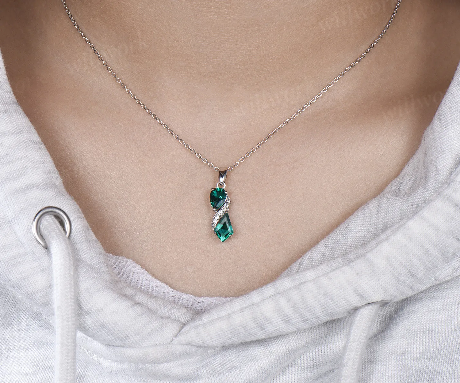 Minimalist pear kite cut emeralds toi et moi pendant necklace moissanite accents infinity necklace sold by Willwork Jewelry product image thumbnail 2