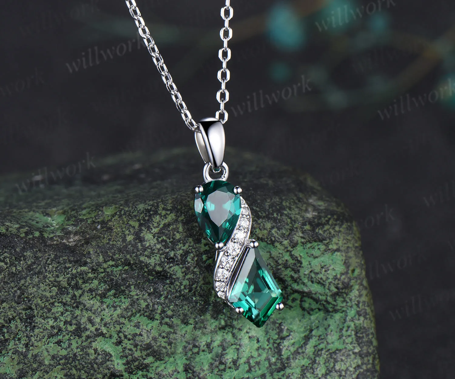 Minimalist pear kite cut emeralds toi et moi pendant necklace moissanite accents infinity necklace sold by Willwork Jewelry product image thumbnail 3
