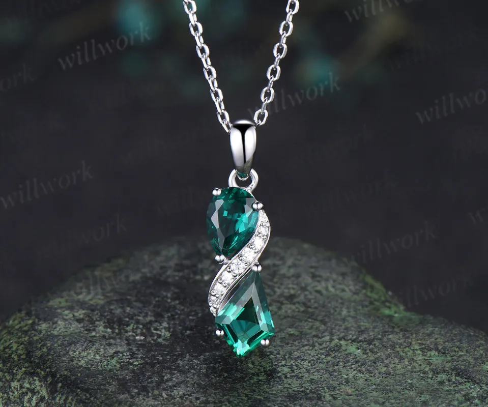 Minimalist pear kite cut emeralds toi et moi pendant necklace moissanite accents infinity necklace sold by Willwork Jewelry