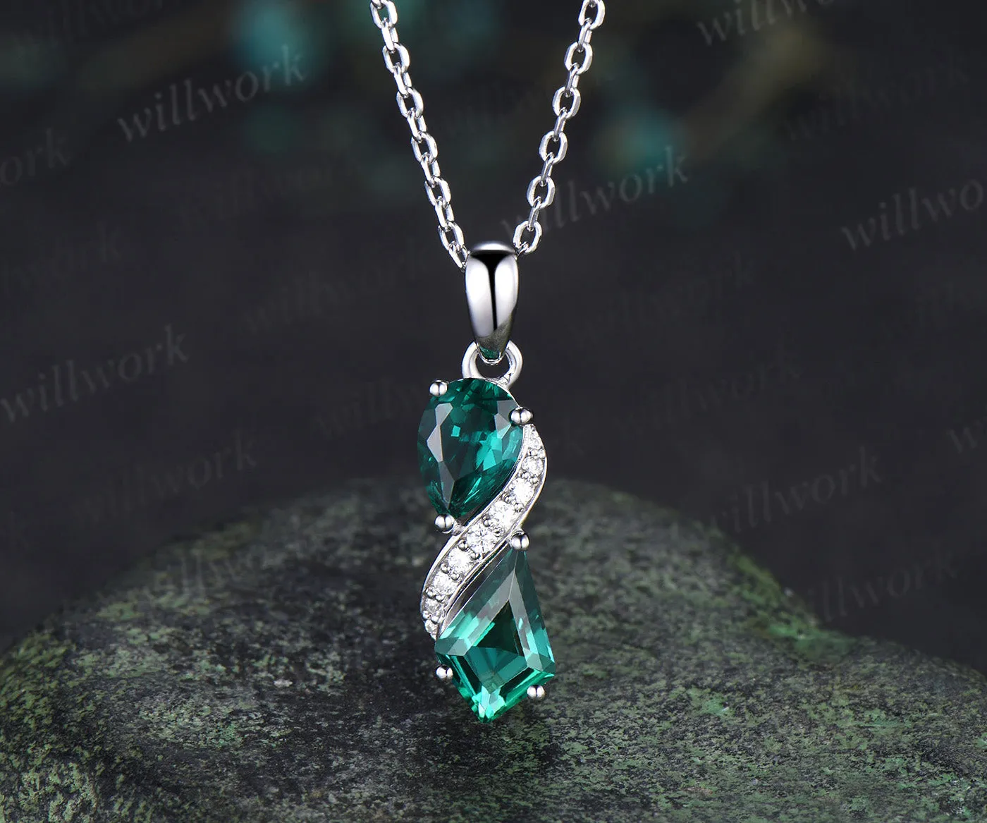 Minimalist pear kite cut emeralds toi et moi pendant necklace moissanite accents infinity necklace sold by Willwork Jewelry