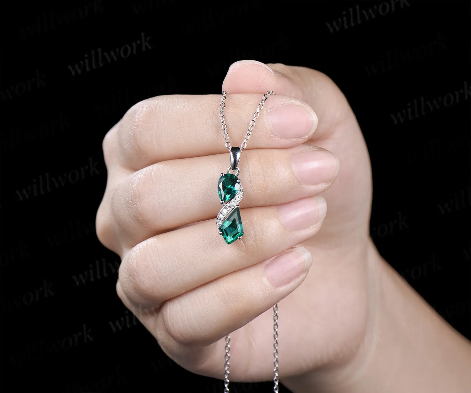 Minimalist pear kite cut emeralds toi et moi pendant necklace moissanite accents infinity necklace sold by Willwork Jewelry product image thumbnail 4
