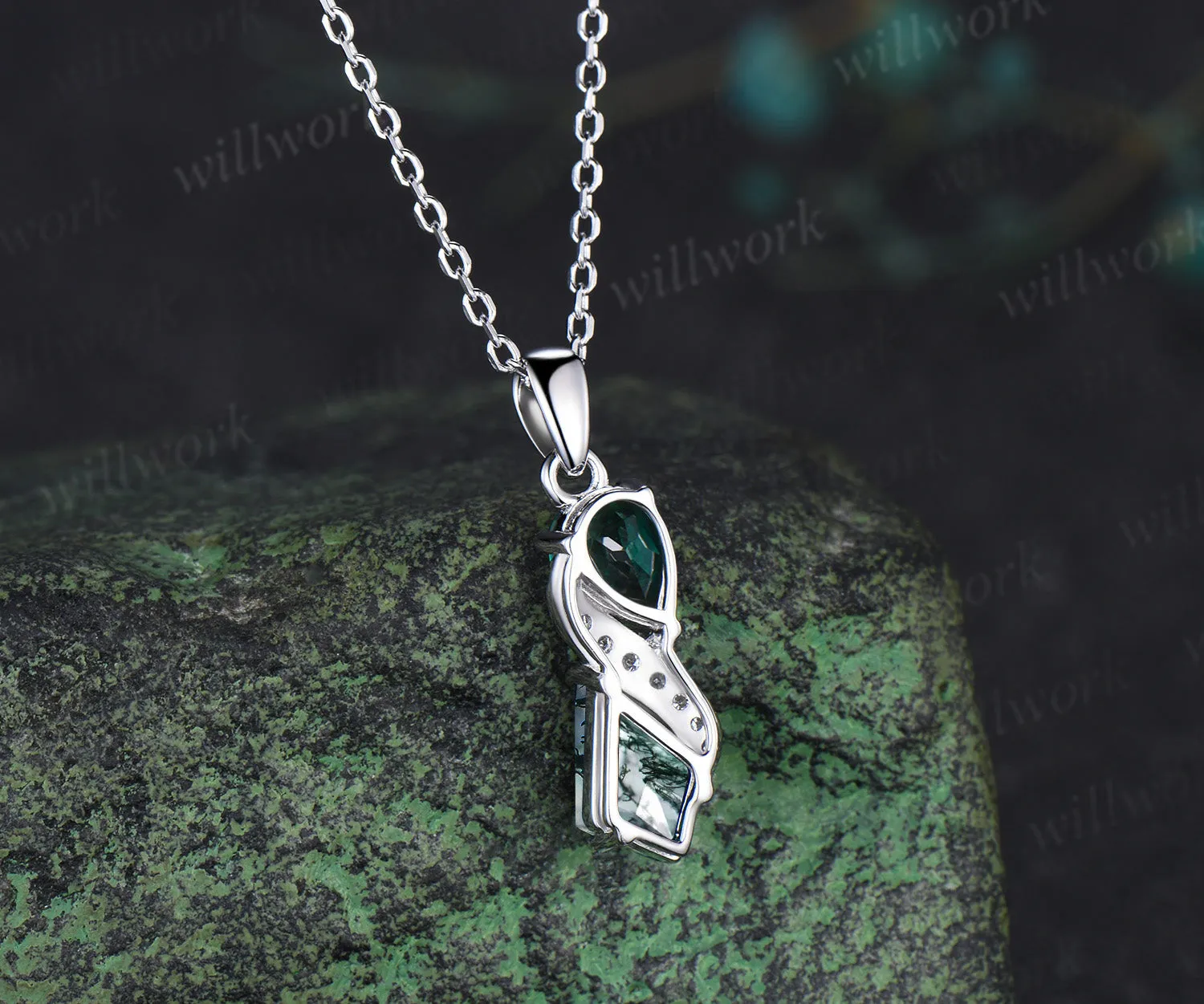 Toi et moi pear cut emerald kite cut moss agate pendant moissanite accents infinity pendant necklace sold by Willwork Jewelry product image thumbnail 4