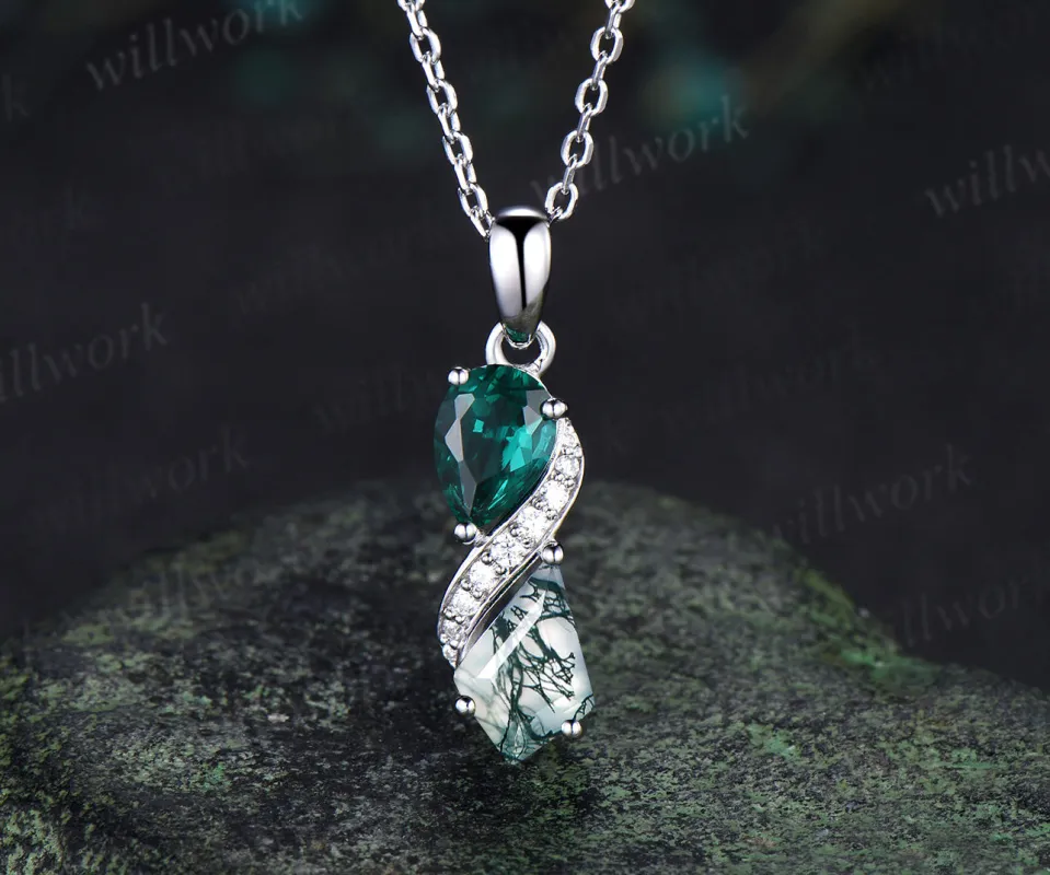 Toi et moi pear cut emerald kite cut moss agate pendant moissanite accents infinity pendant necklace made by Willwork Jewelry