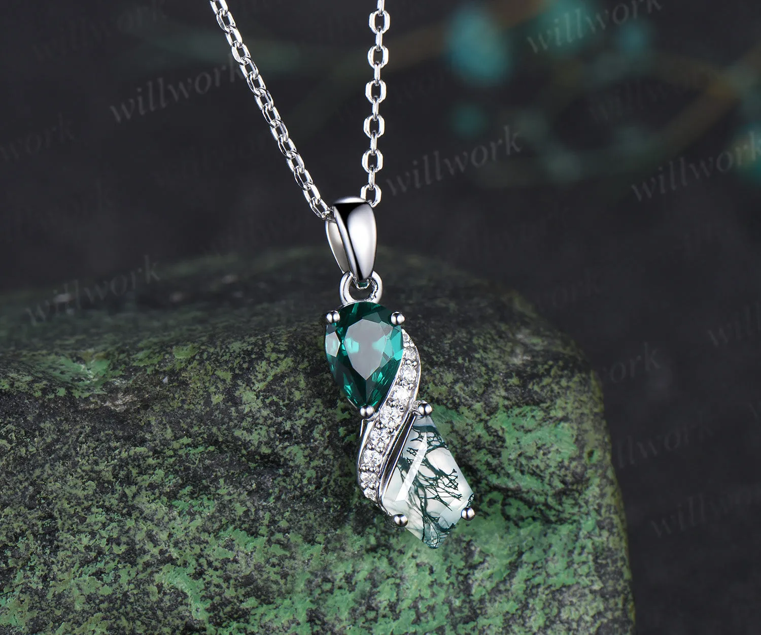 Toi et moi pear cut emerald kite cut moss agate pendant moissanite accents infinity pendant necklace sold by Willwork Jewelry product image thumbnail 3