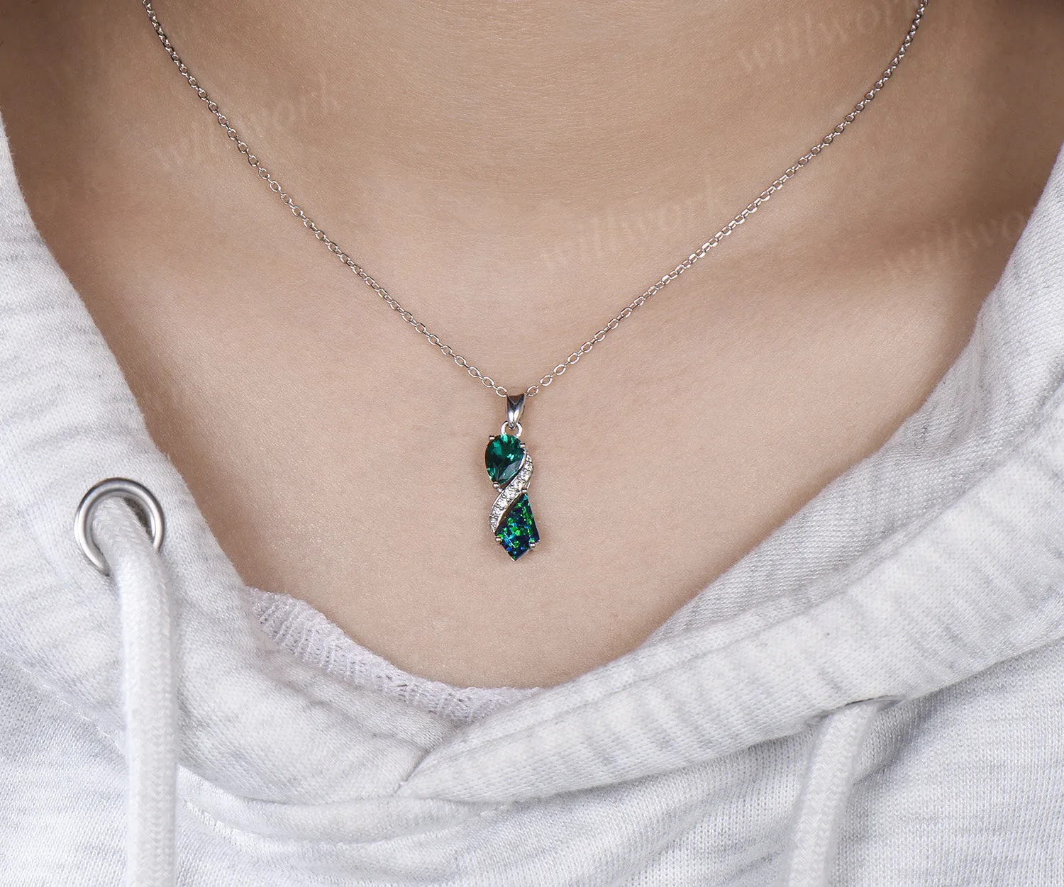 Infinity pear cut emerald kite cut black opal pendant toi et moi moissanite accents pendant necklace sold by Willwork Jewelry product image thumbnail 2