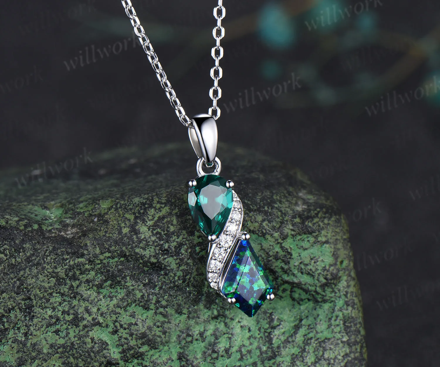 Infinity pear cut emerald kite cut black opal pendant toi et moi moissanite accents pendant necklace sold by Willwork Jewelry product image thumbnail 3