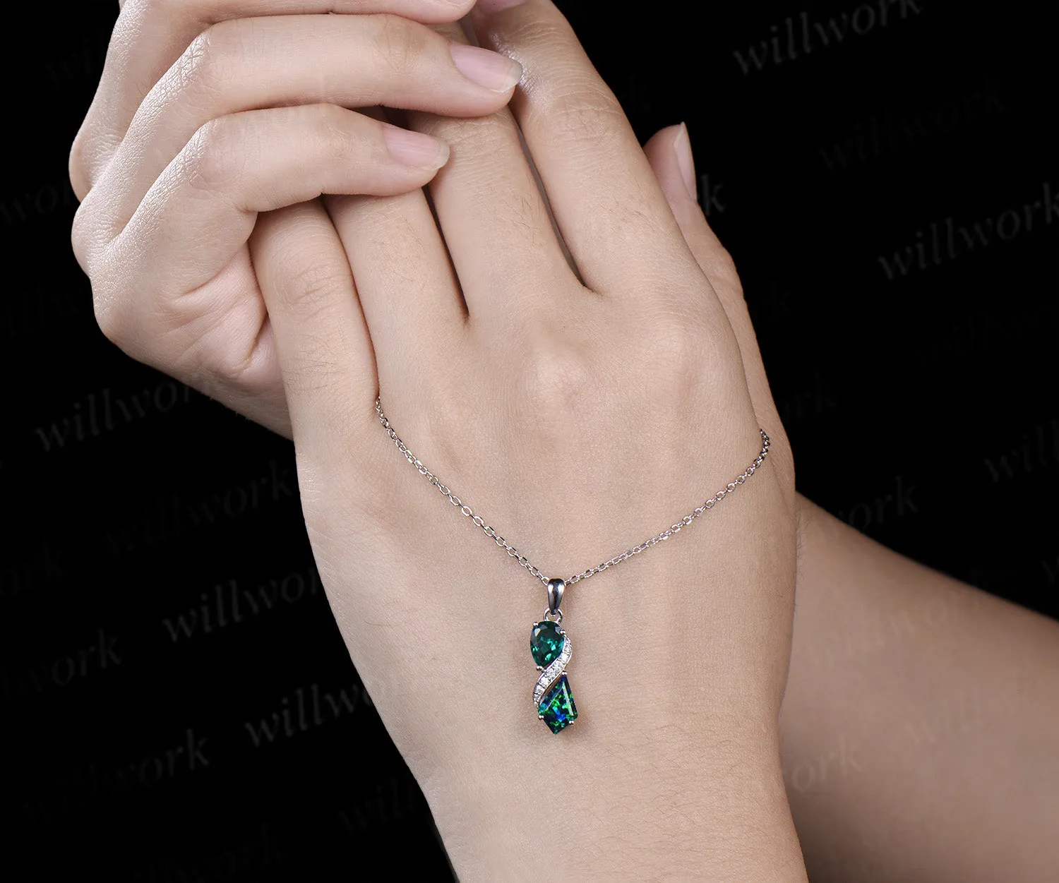Infinity pear cut emerald kite cut black opal pendant toi et moi moissanite accents pendant necklace sold by Willwork Jewelry product image thumbnail 5