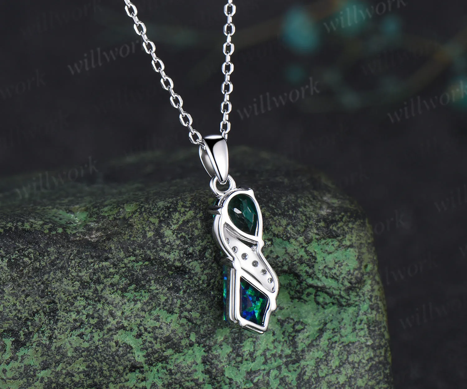 Infinity pear cut emerald kite cut black opal pendant toi et moi moissanite accents pendant necklace sold by Willwork Jewelry product image thumbnail 4