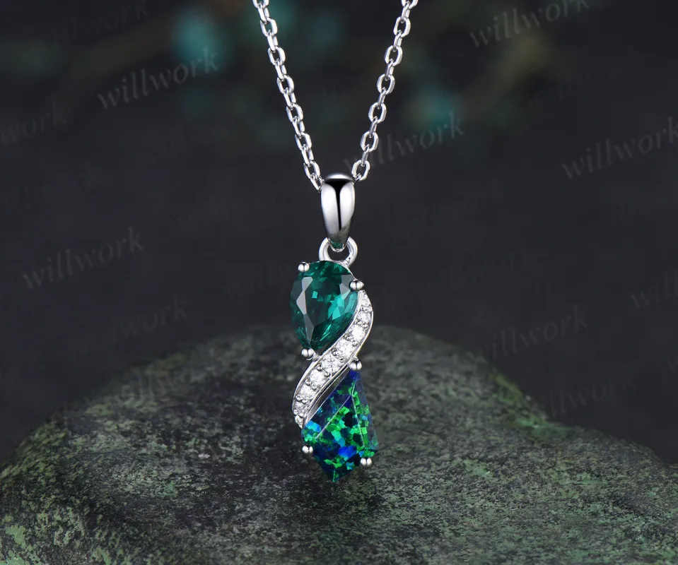 Infinity pear cut emerald kite cut black opal pendant toi et moi moissanite accents pendant necklace made by Willwork Jewelry
