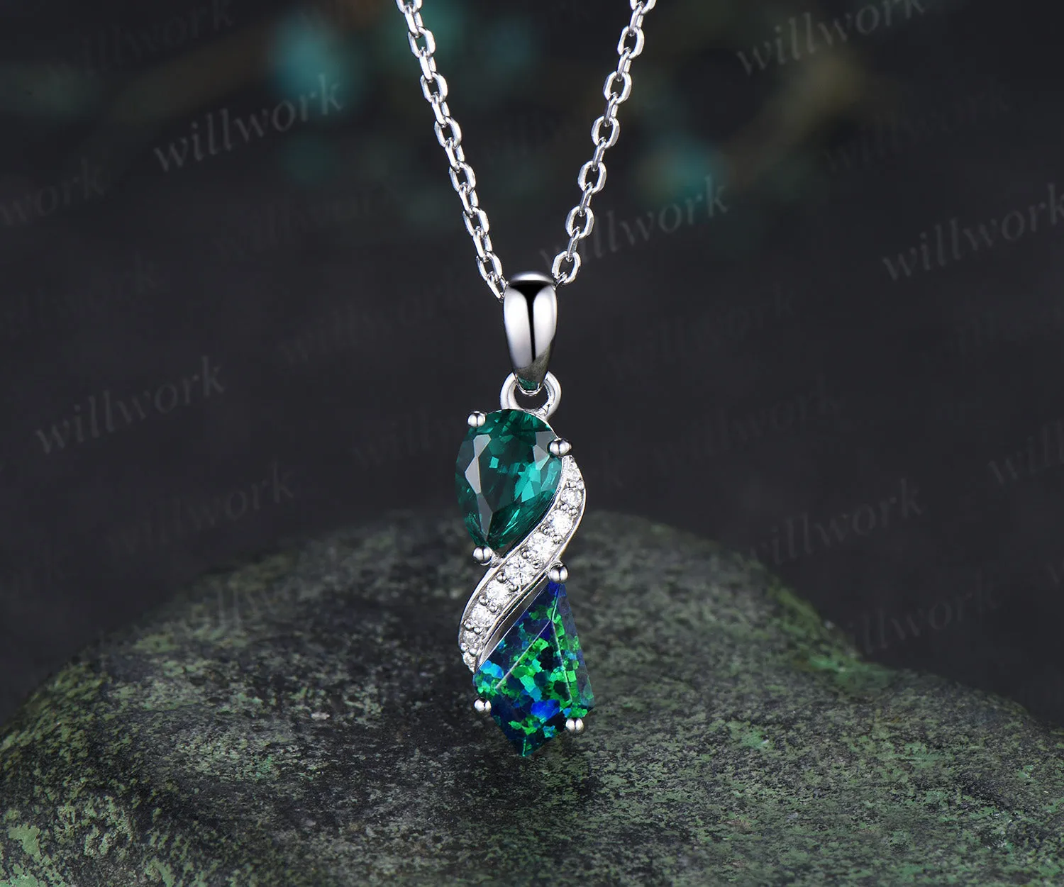 Infinity pear cut emerald kite cut black opal pendant toi et moi moissanite accents pendant necklace sold by Willwork Jewelry