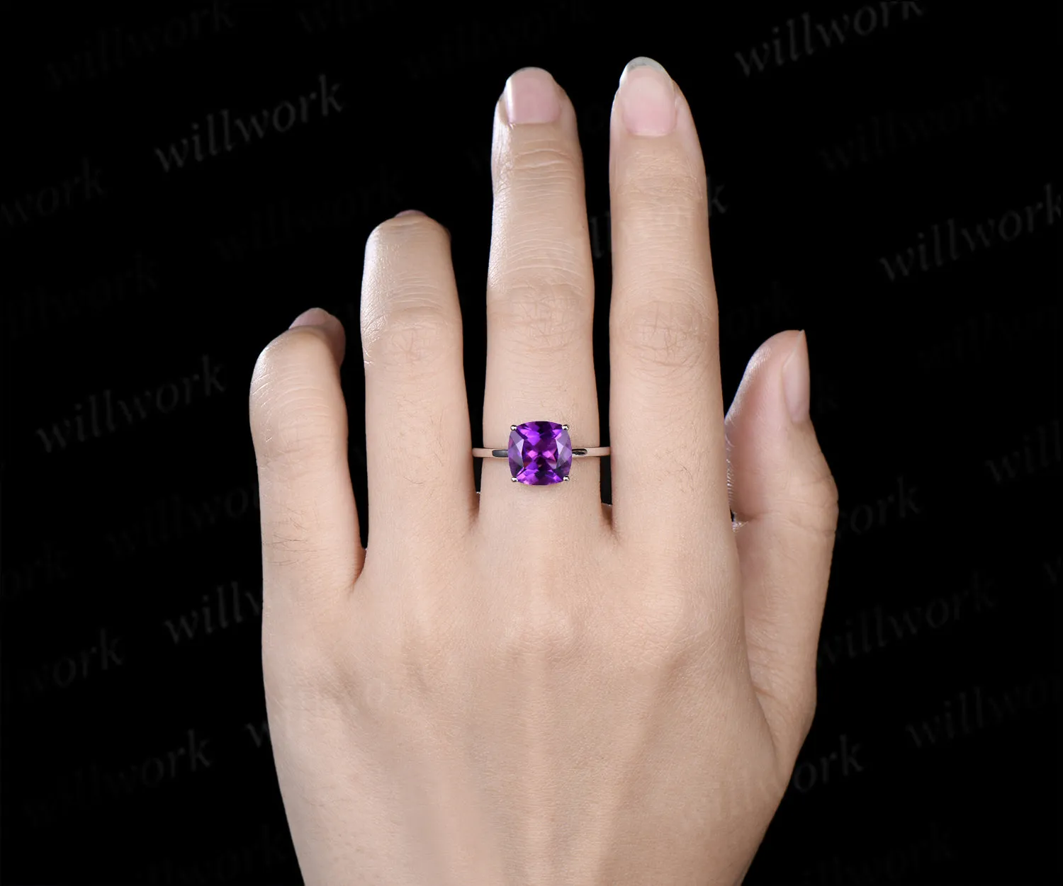 9mm cushion cut amethyst engagement ring solitaire purple gemstone ring sold by Willwork Jewelry product image thumbnail 2