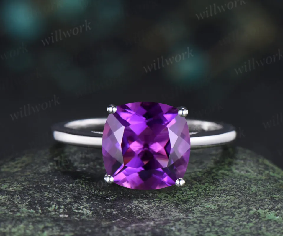 9mm cushion cut amethyst engagement ring solitaire purple gemstone ring made by Willwork Jewelry
