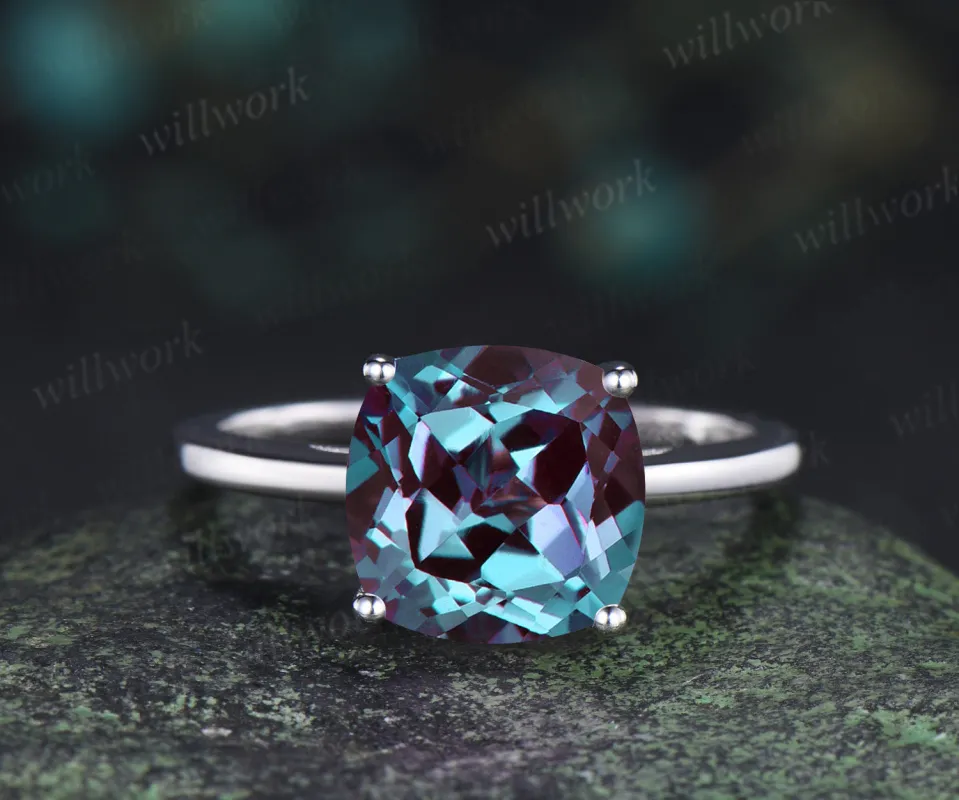 Alexandrite engagement ring solitaire minimalist 9mm cushion cut color change gemstone ring made by Willwork Jewelry