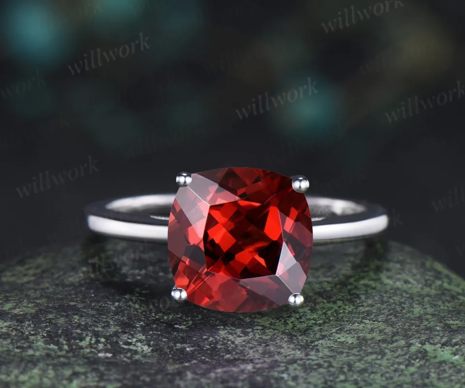 9mm cushion cut garnet engagement ring solitaire January birthstone ring personalized jewelry sold by Willwork Jewelry