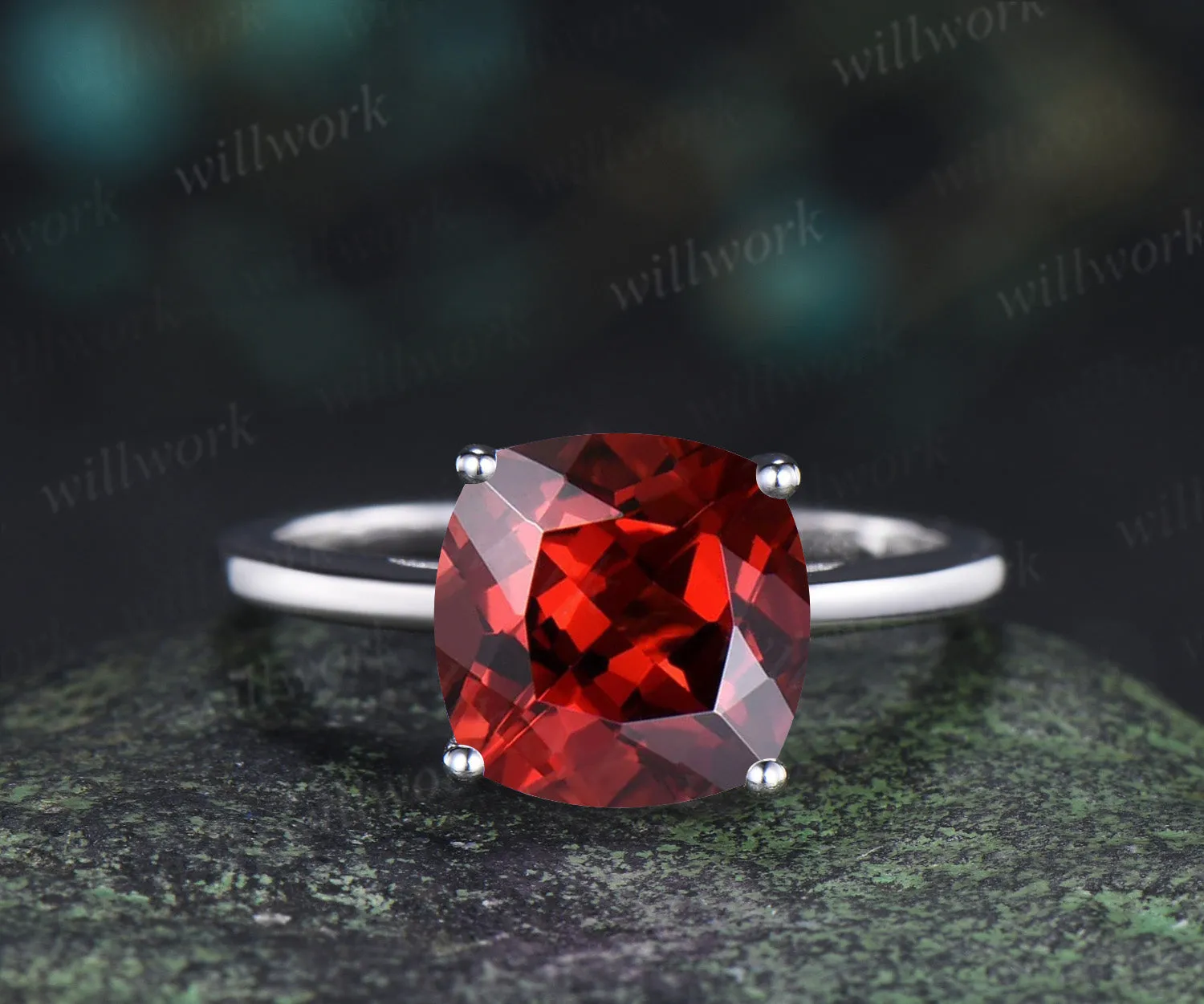 9mm cushion cut garnet engagement ring solitaire January birthstone ring personalized jewelry sold by Willwork Jewelry