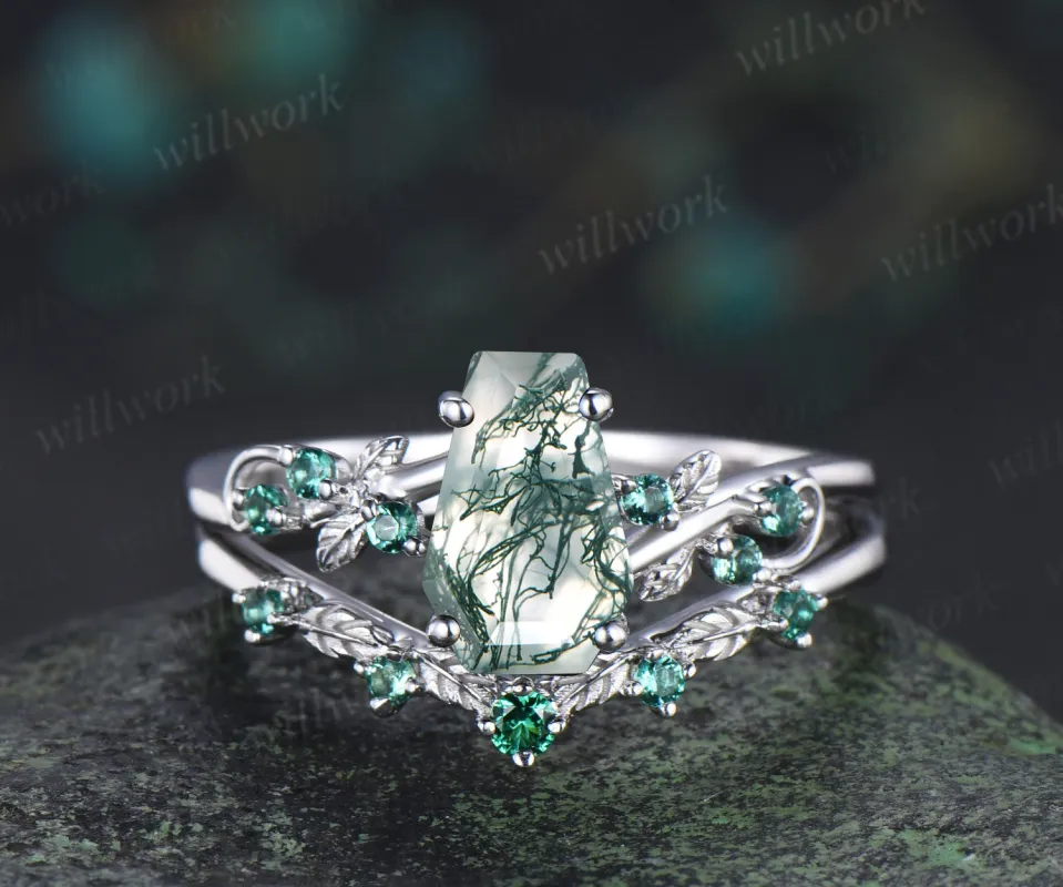 Unique coffin cut natural moss agate engagement ring set leaf inspired emeralds accent ring matching band bridal set sold by Willwork Jewelry