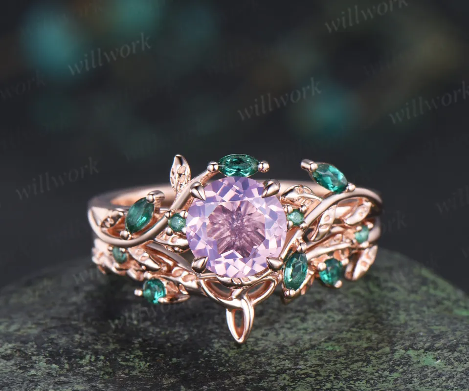 Round lavender amethyst engagement ring set marquise emerald twig ring celtic knot wedding band nature inspired bridal set sold by Willwork Jewelry