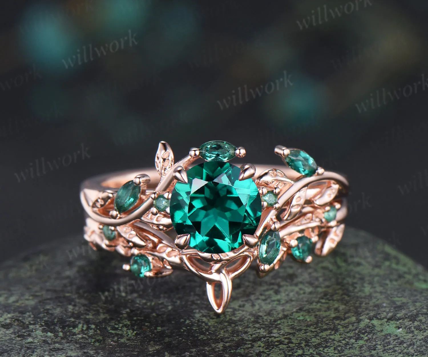Round emerald engagement ring set marquise emerald twig ring celtic knot wedding band nature inspired bridal set sold by Willwork Jewelry