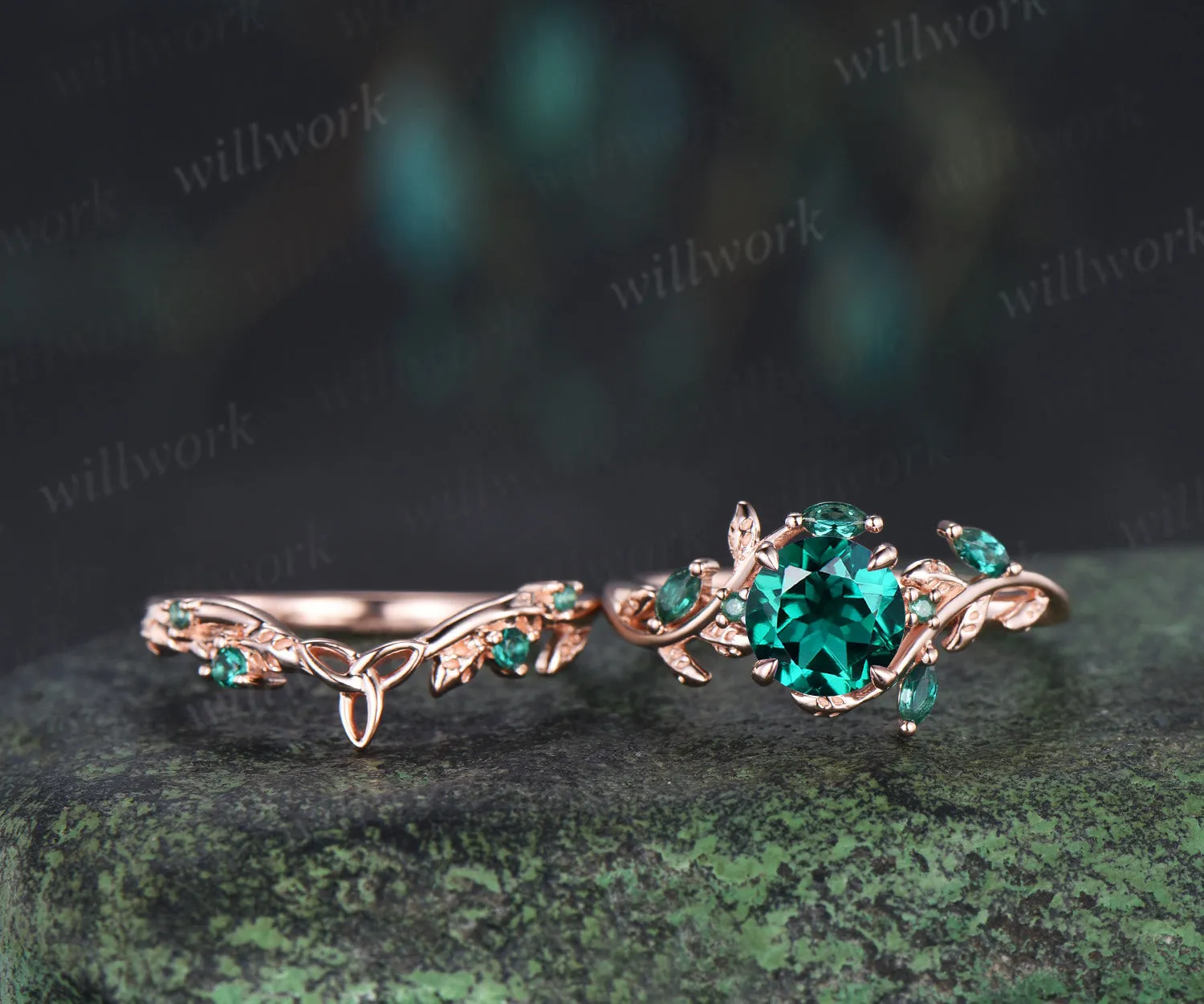 Round emerald engagement ring set marquise emerald twig ring celtic knot wedding band nature inspired bridal set sold by Willwork Jewelry product image thumbnail 5