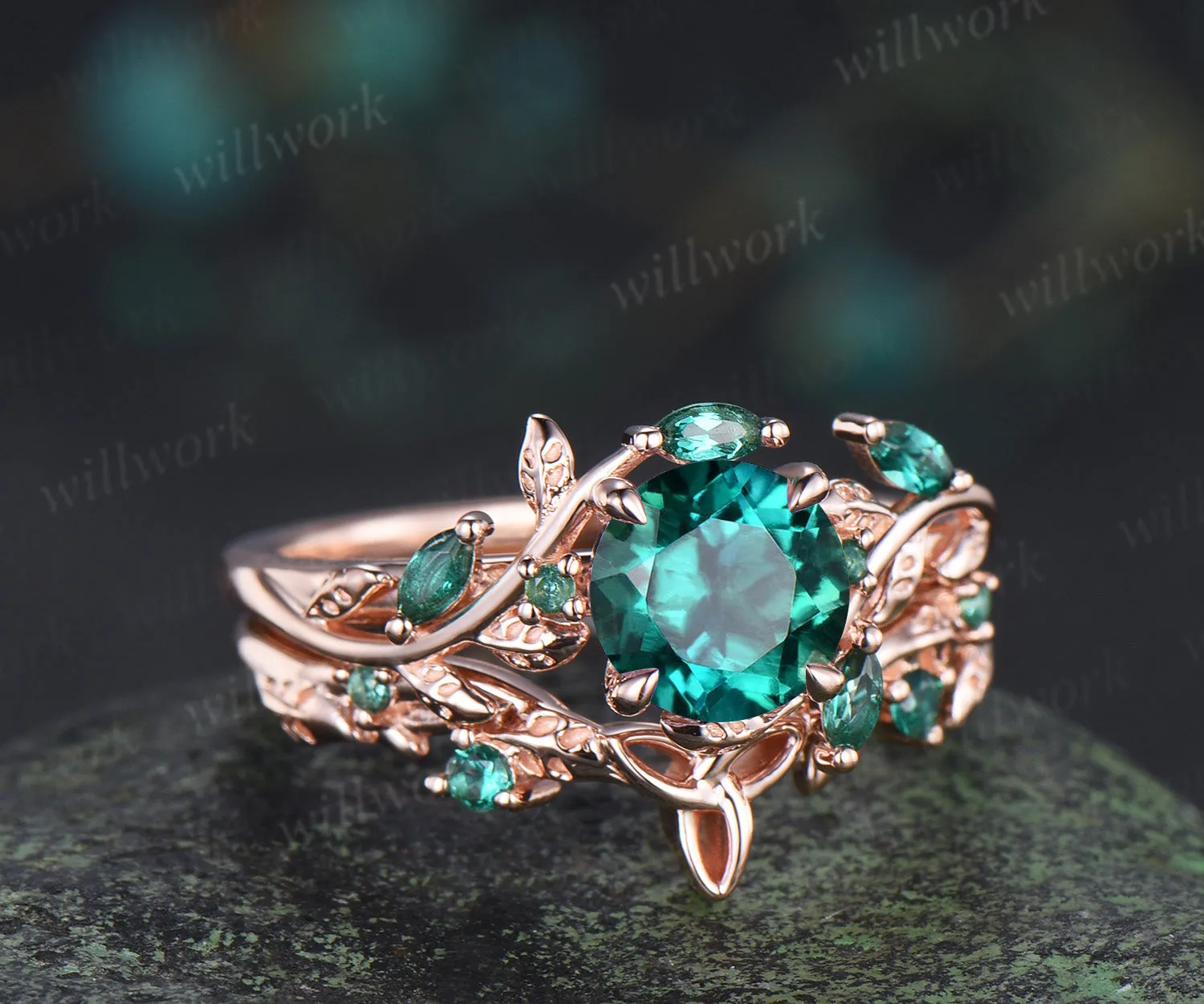 Round emerald engagement ring set marquise emerald twig ring celtic knot wedding band nature inspired bridal set sold by Willwork Jewelry product image thumbnail 3