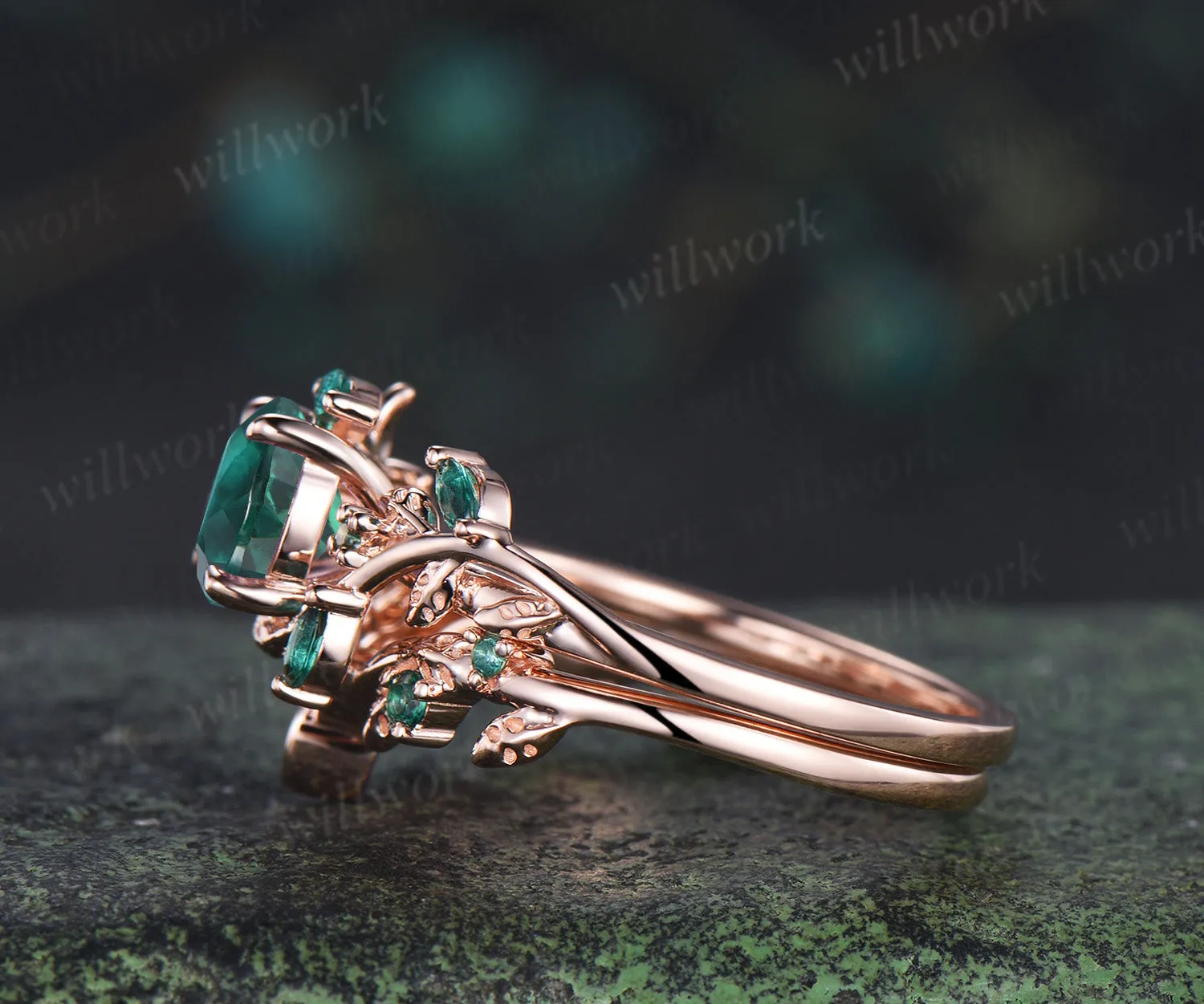 Round emerald engagement ring set marquise emerald twig ring celtic knot wedding band nature inspired bridal set sold by Willwork Jewelry product image thumbnail 4