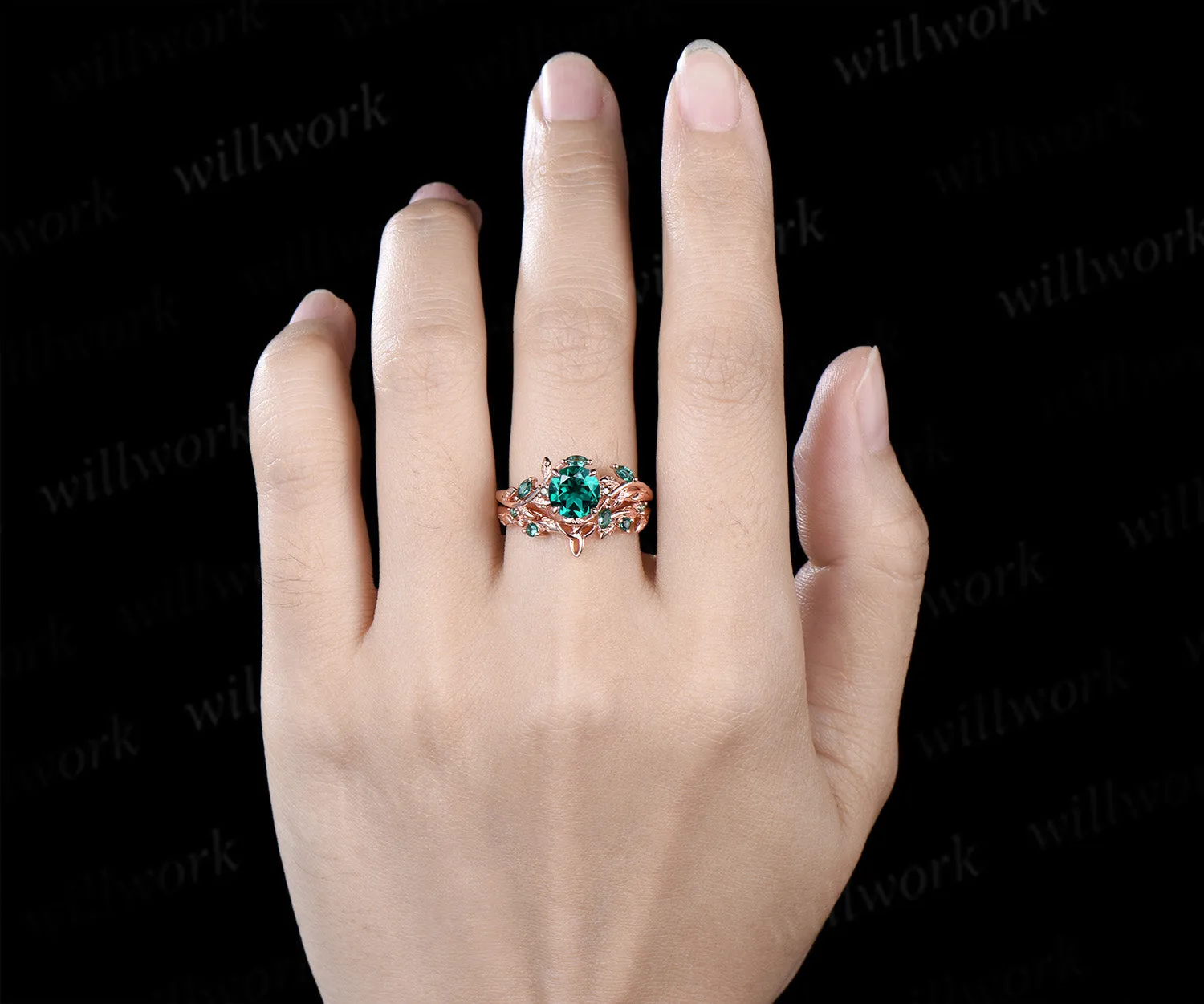 Round emerald engagement ring set marquise emerald twig ring celtic knot wedding band nature inspired bridal set sold by Willwork Jewelry product image thumbnail 2