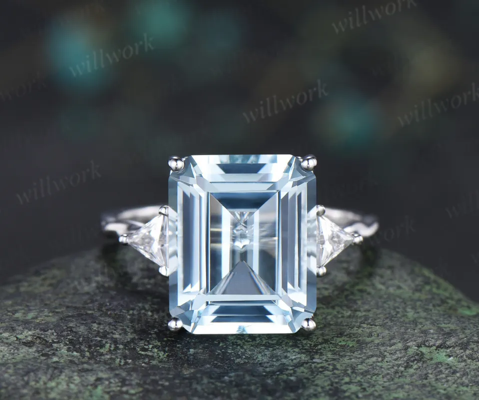 Vintage 10x12mm emerald cut aquamarine ring minimalist three trillion cut moissanite ring March Jewelry made by Willwork Jewelry