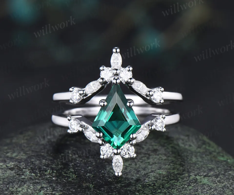 Kite cut emerald engagement ring set unique moissanite accent promise ring curved wedding band bridal set sold by Willwork Jewelry