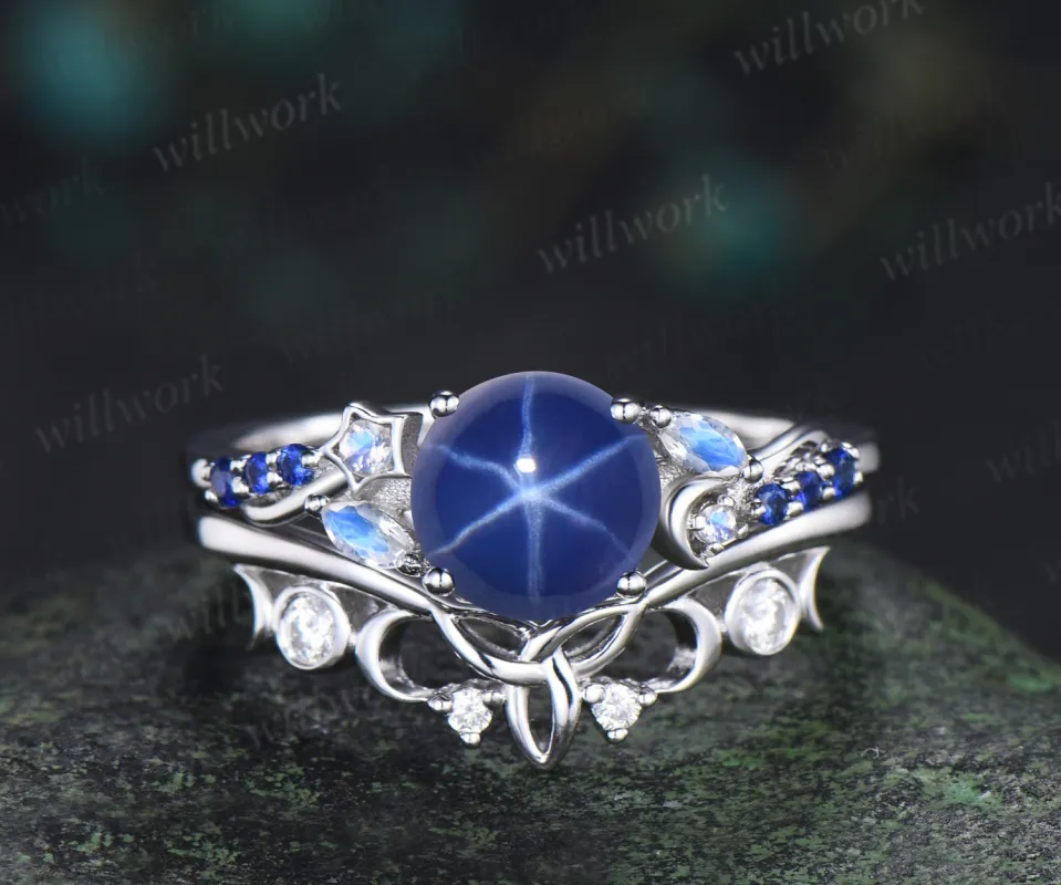 7mm round star sapphire engagement ring set moon star moonstone sapphire ring celtic knot wedding band bridal set sold by Willwork Jewelry