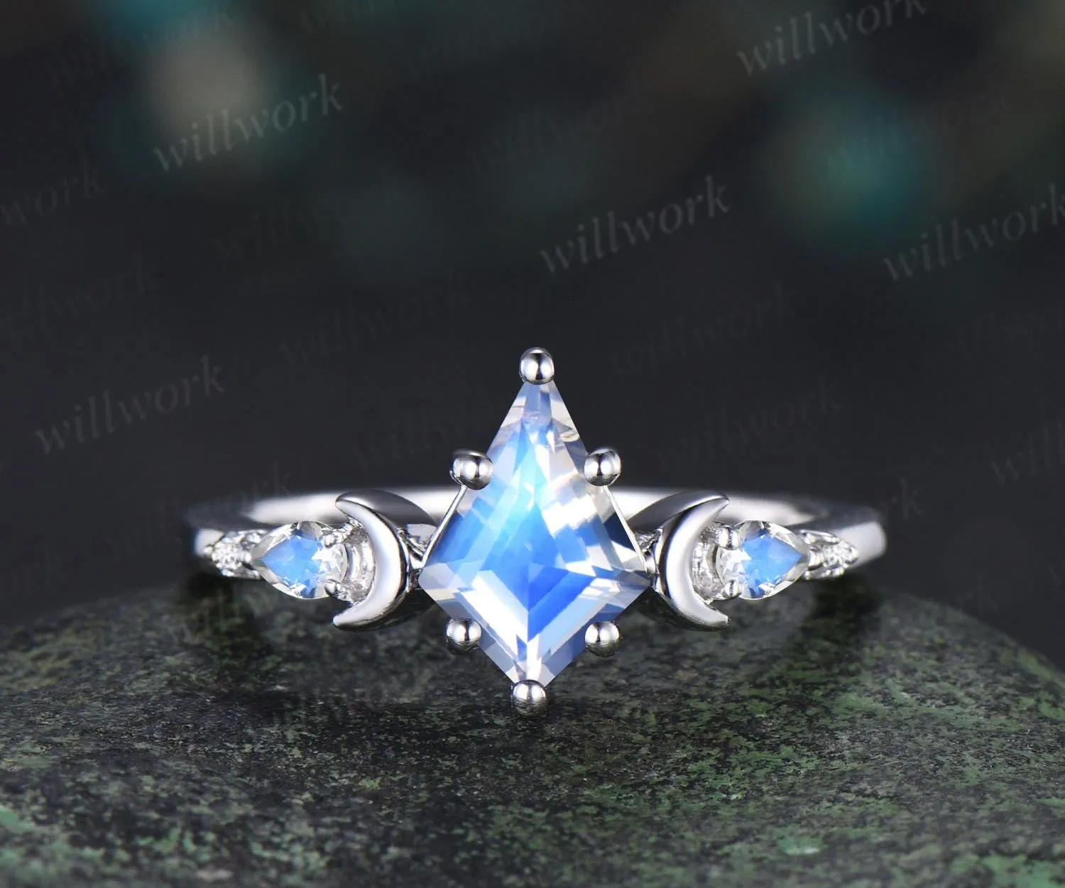 kite cut moonstone engagement ring set moon diamond five stone unique bridal set women jewelry sold by Willwork Jewelry product image thumbnail 4
