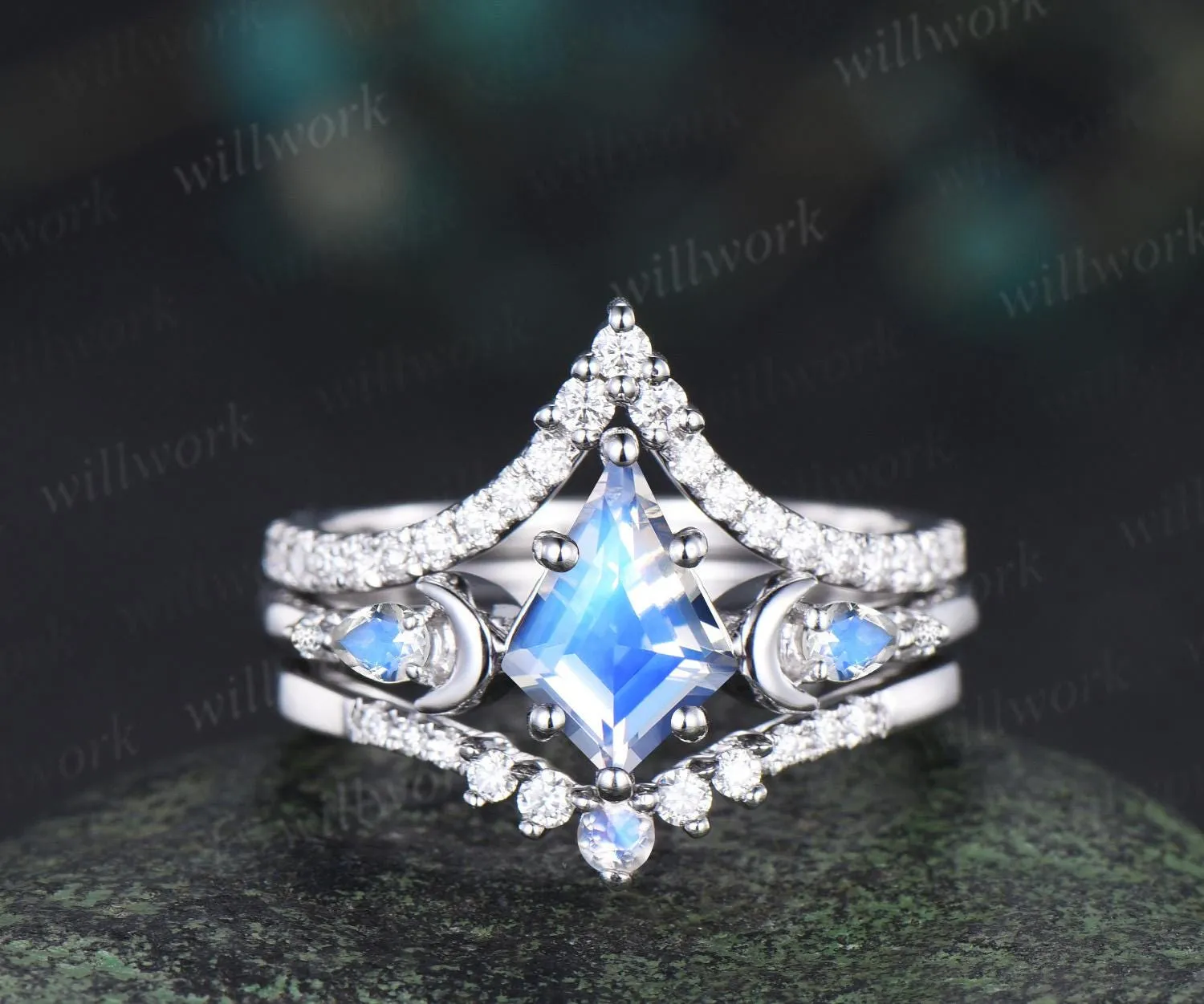 kite cut moonstone engagement ring set moon diamond five stone unique bridal set women jewelry sold by Willwork Jewelry