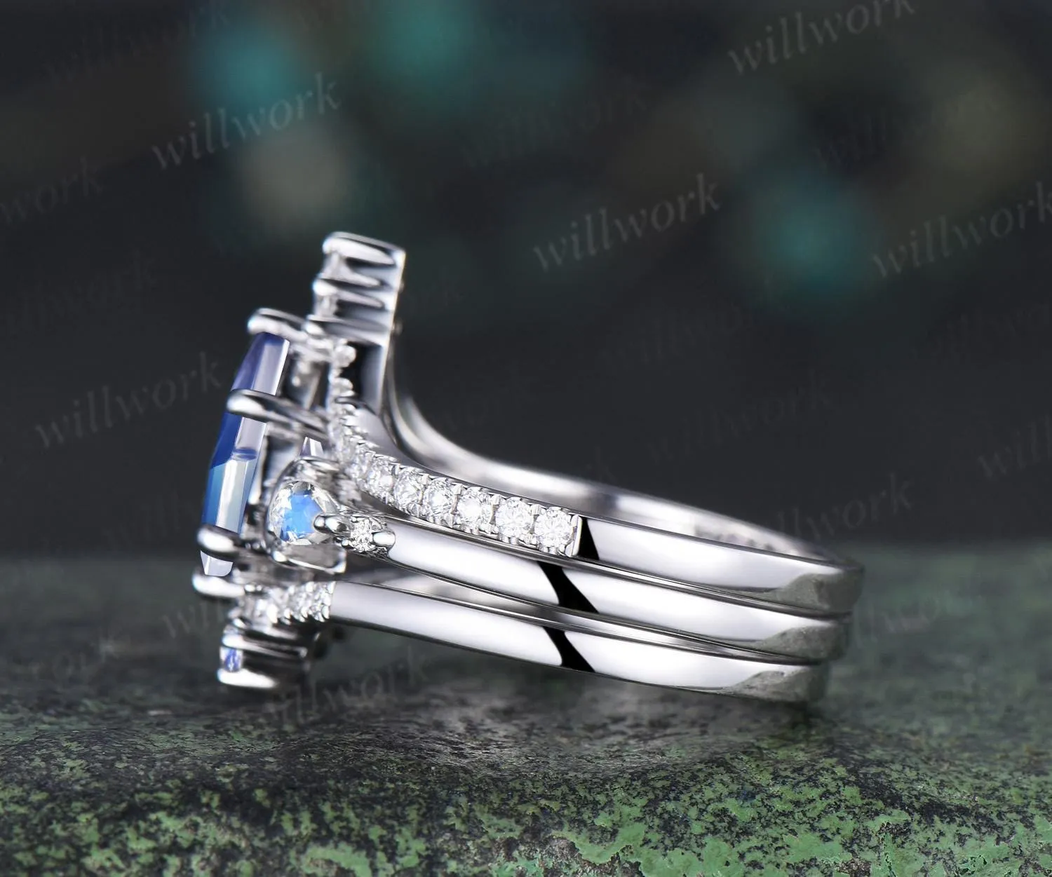 kite cut moonstone engagement ring set moon diamond five stone unique bridal set women jewelry sold by Willwork Jewelry product image thumbnail 5
