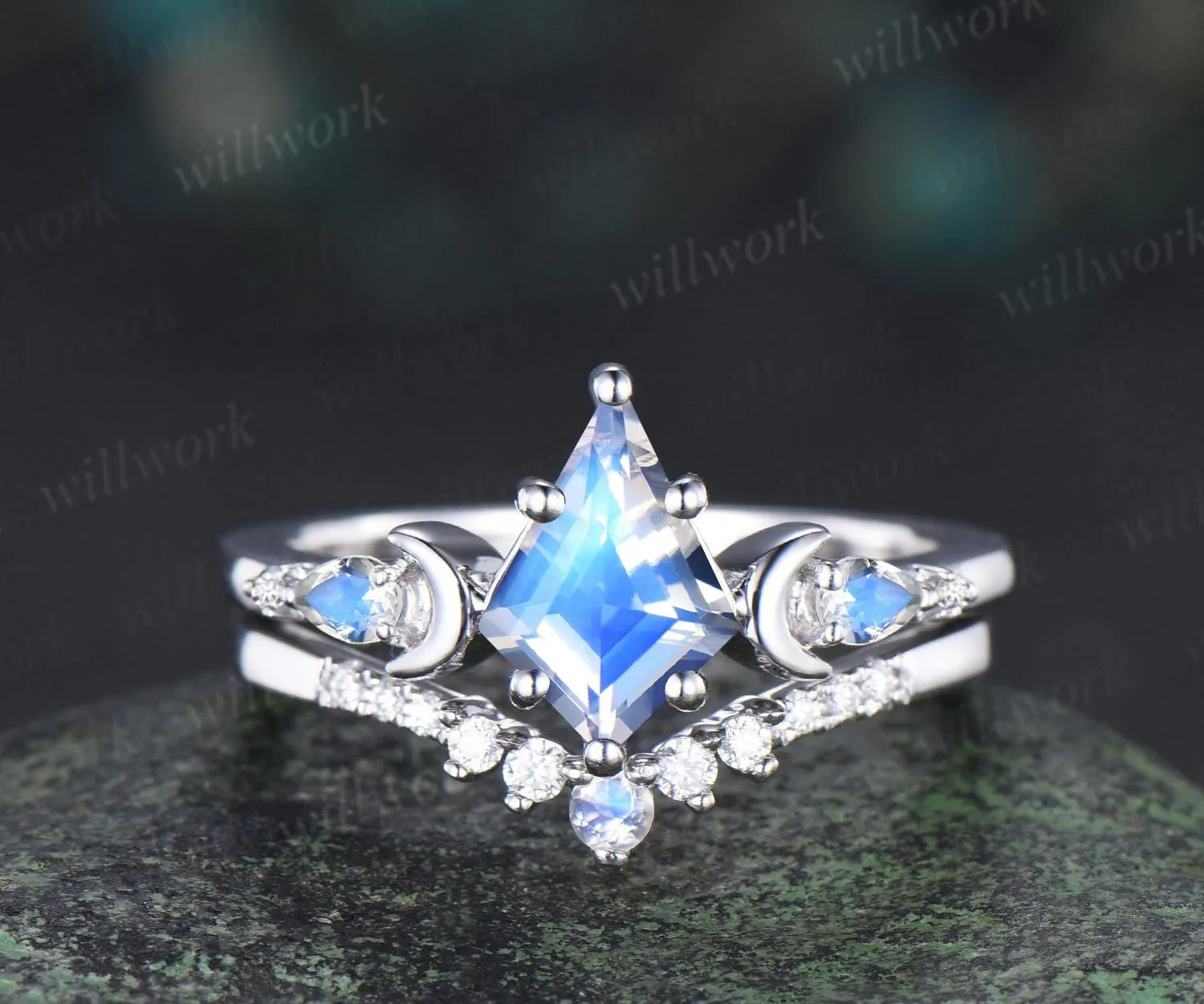 kite cut moonstone engagement ring set moon diamond five stone unique bridal set women jewelry sold by Willwork Jewelry product image thumbnail 2