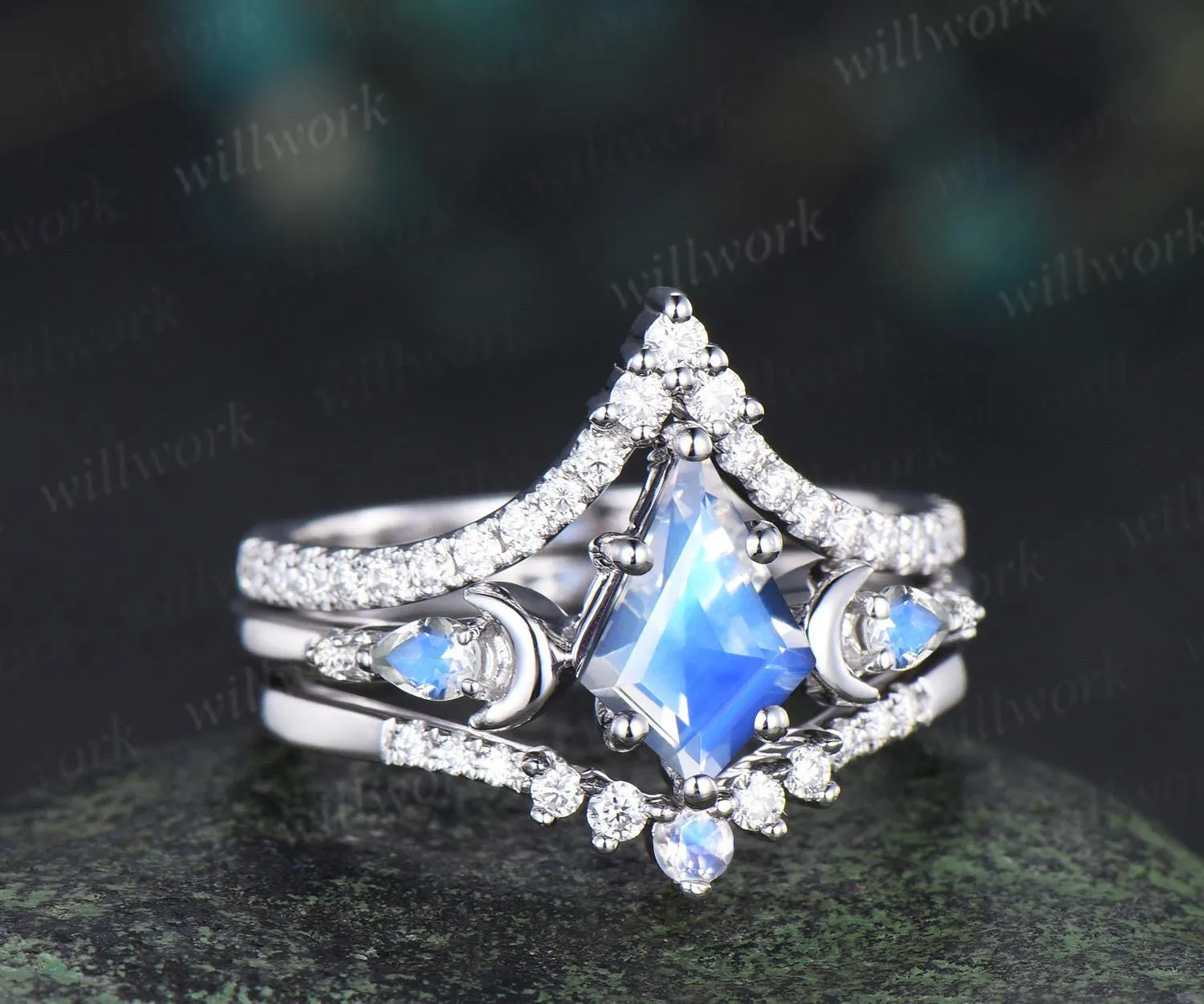 kite cut moonstone engagement ring set moon diamond five stone unique bridal set women jewelry sold by Willwork Jewelry product image thumbnail 3