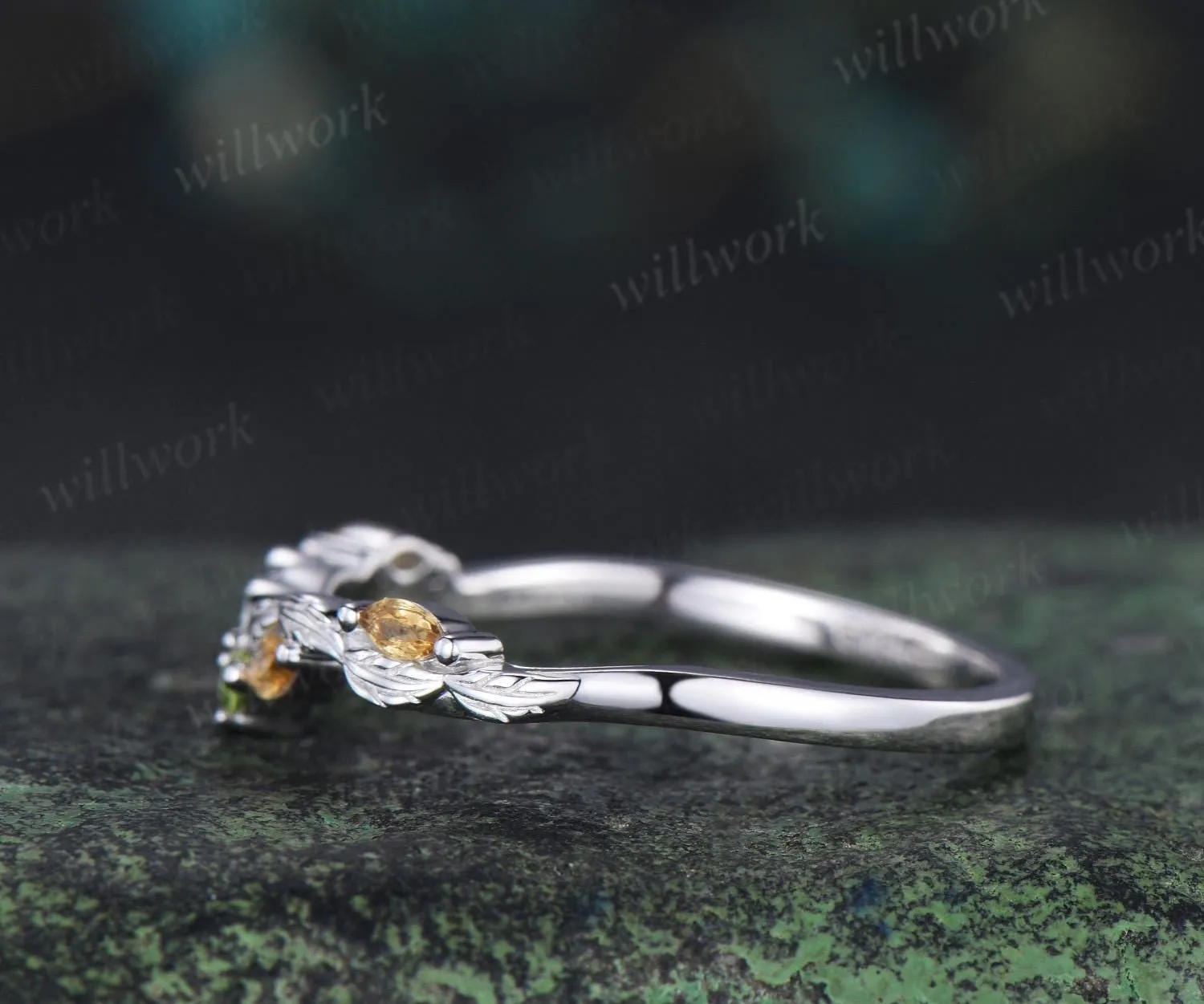 Curved citrine peridot wedding band leaf five stone stacking band bridal ring sold by Willwork Jewelry product image thumbnail 5